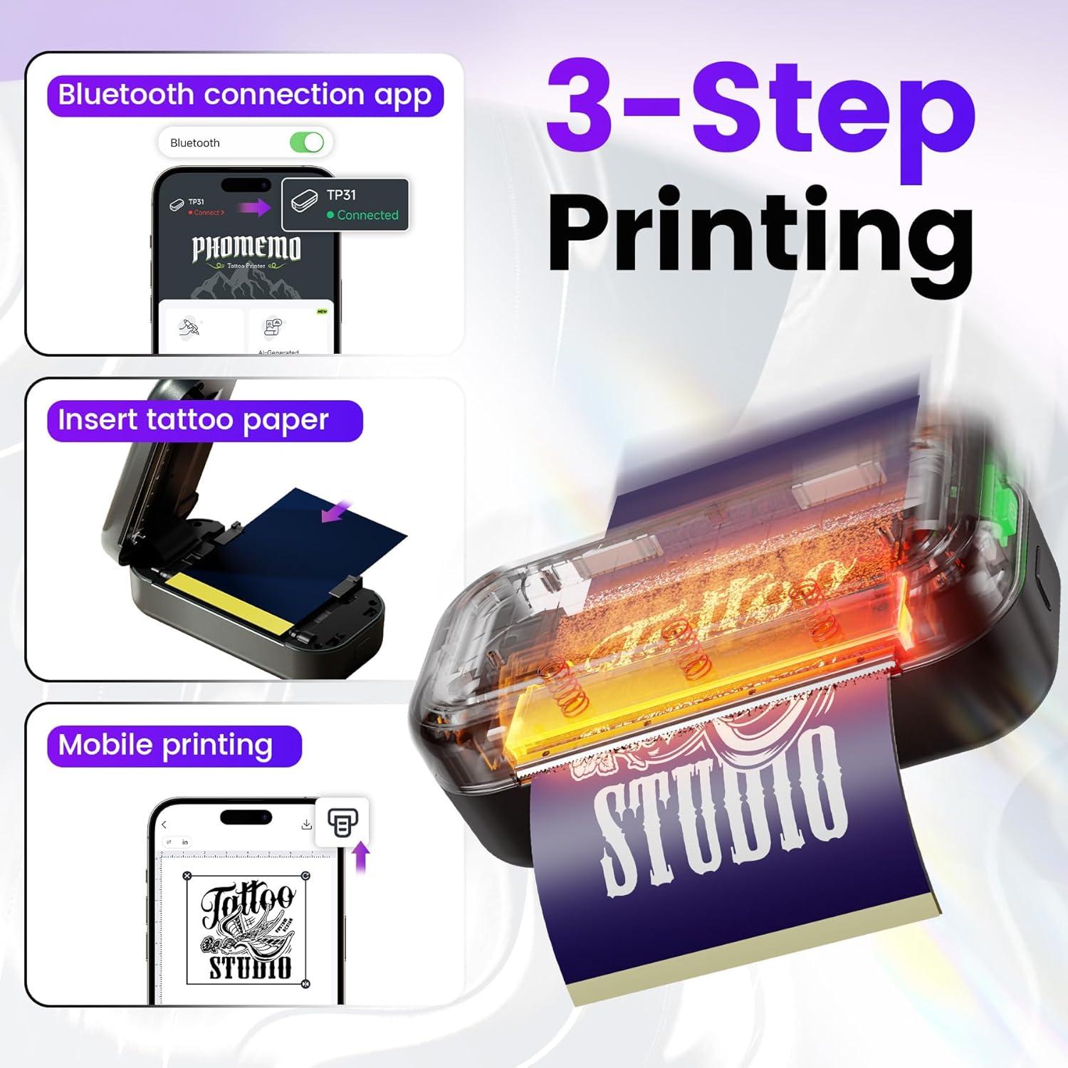 Impresora de Plantillas de Tatuajes Ponek TP31 Bluetooth 30 Hojas