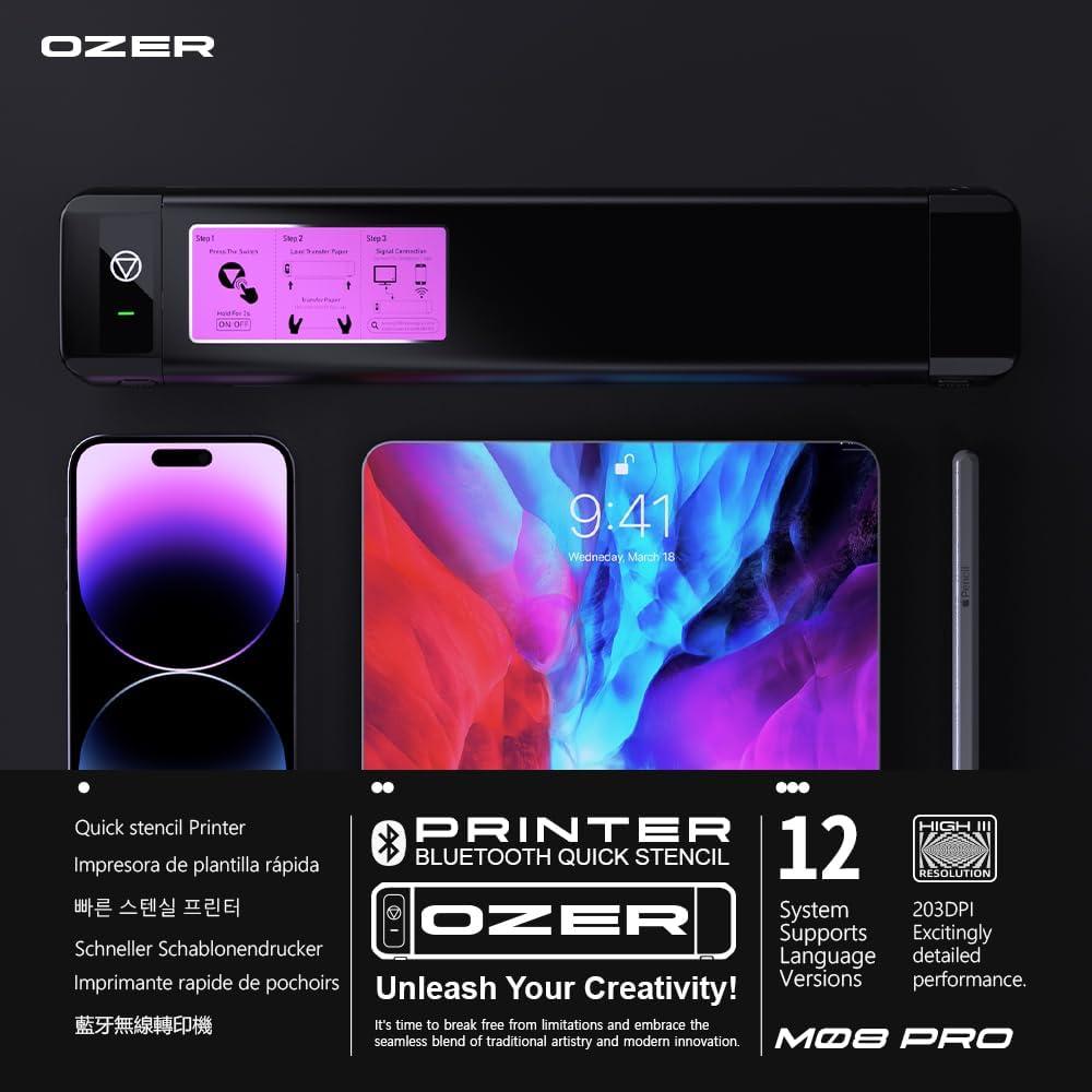 OZER M08Pro Wireless Tattoo Transfer Stencil Printer - Inkless Transfer Thermal Copier Machine Compact Printer, Quick Stencil Compatible with Smartphone & Laptop