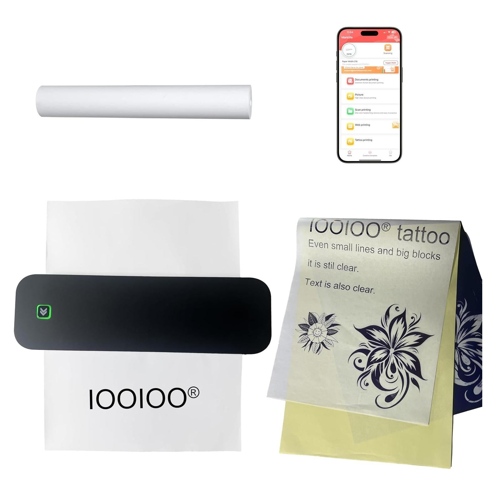 IOOIOO D210 Portable Printer, Wireless Inkless Bluetooth Thermal Printer for Tattoo Stencil Transfer Paper, for 8.5 x 11 Letter, A4 Rolled & Folded Thermal Paper (Black, Without Carrying Case)