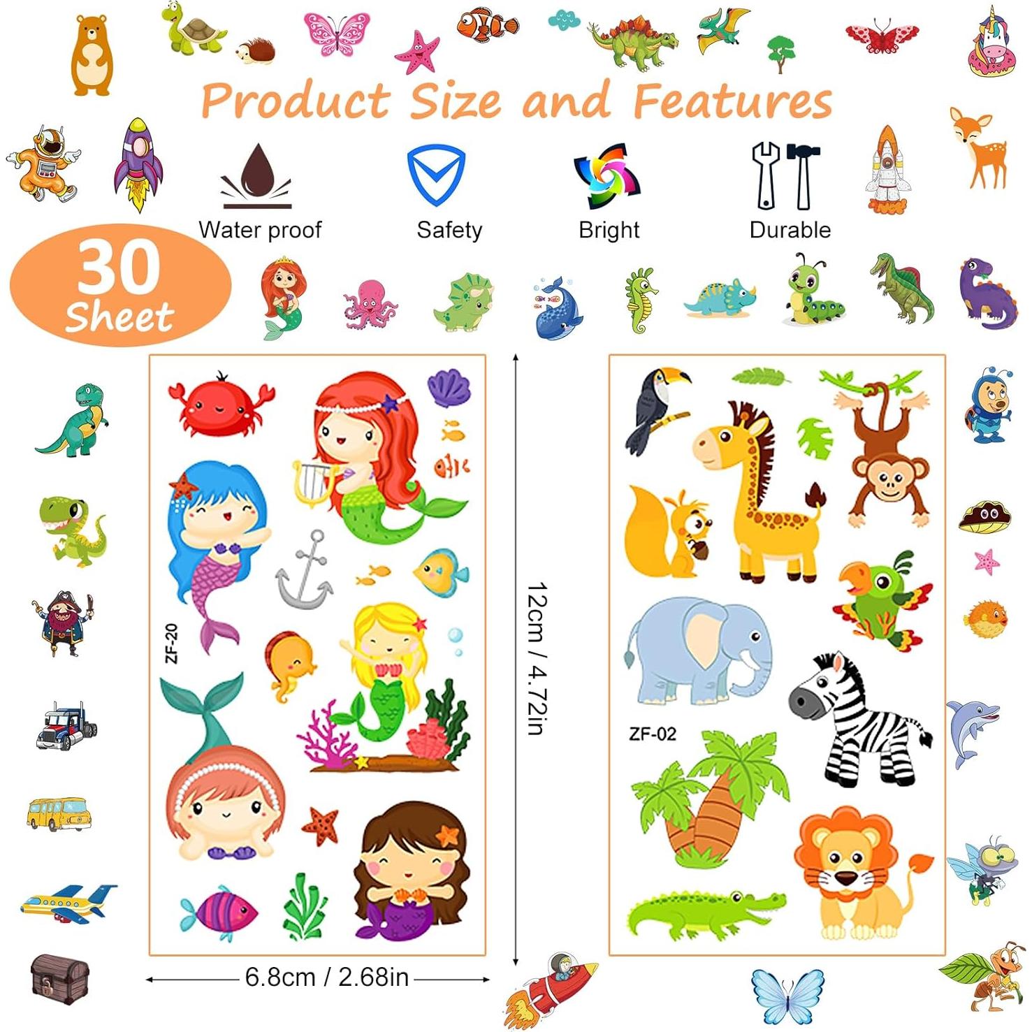 Set de 300+ Tatuajes Temporales para Niños Habett - Animales, Espacio, Dinosaurios