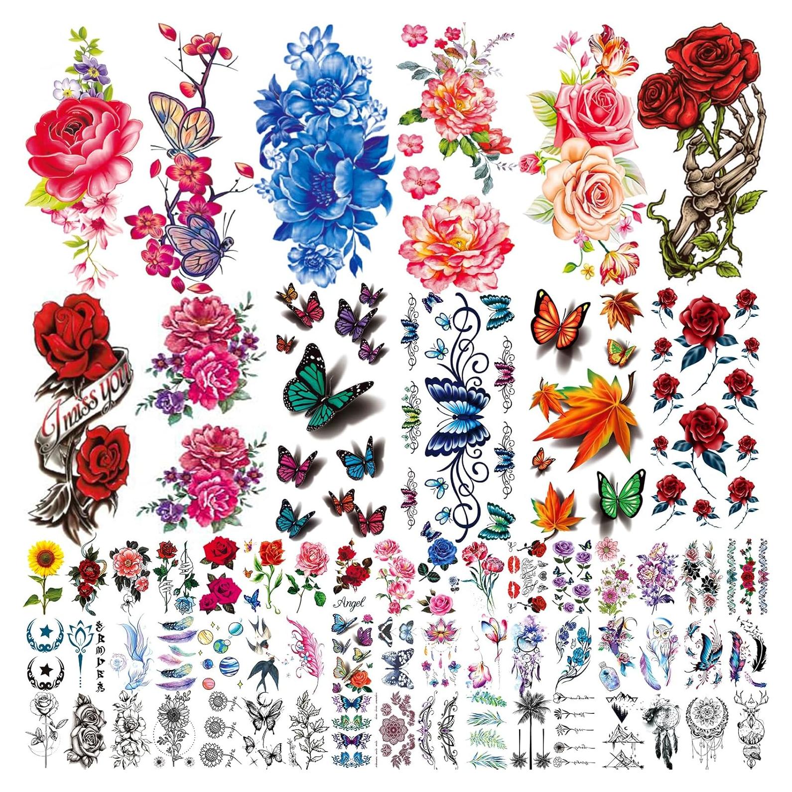 82 Hojas Tatuajes Temporales Zomme - Rosas y Mariposas Multicolor