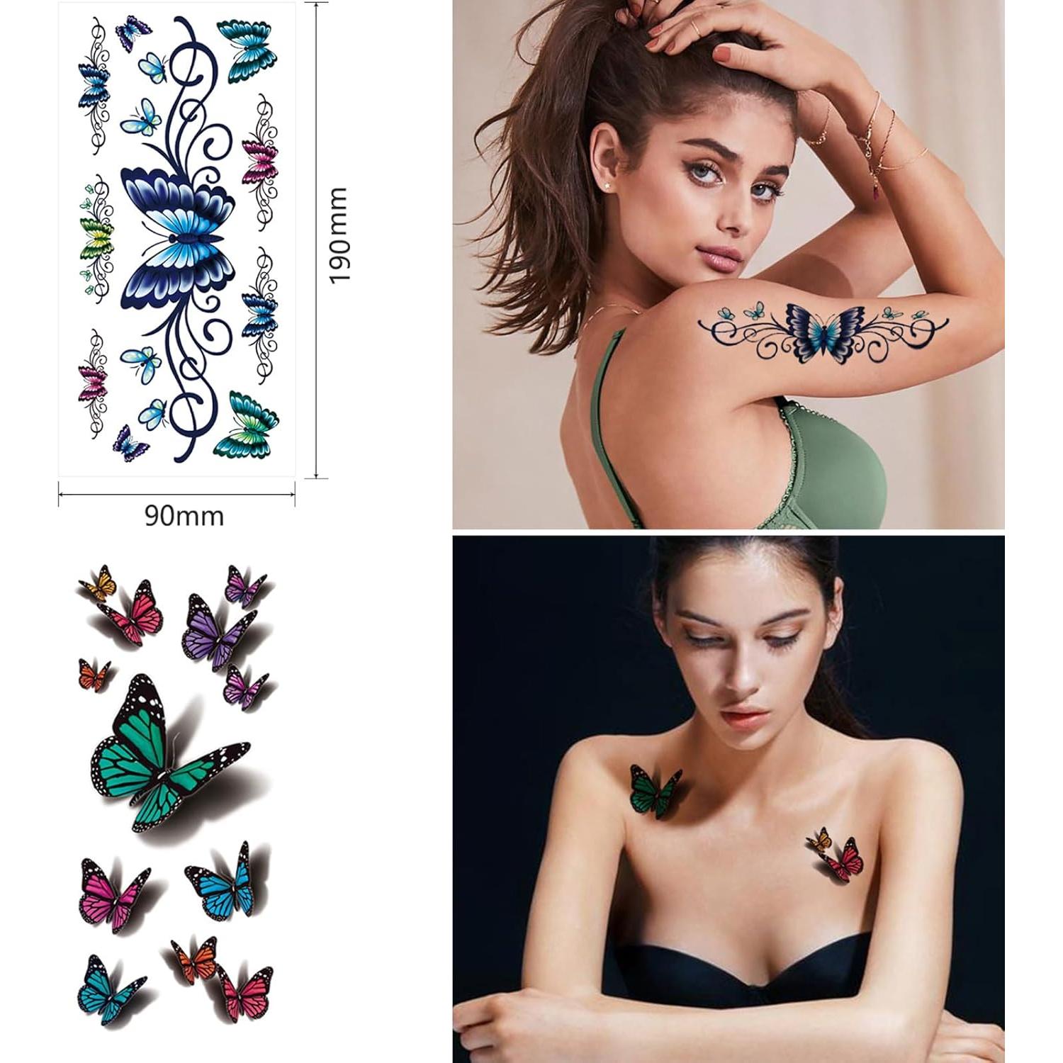82 Hojas Tatuajes Temporales Zomme - Rosas y Mariposas Multicolor
