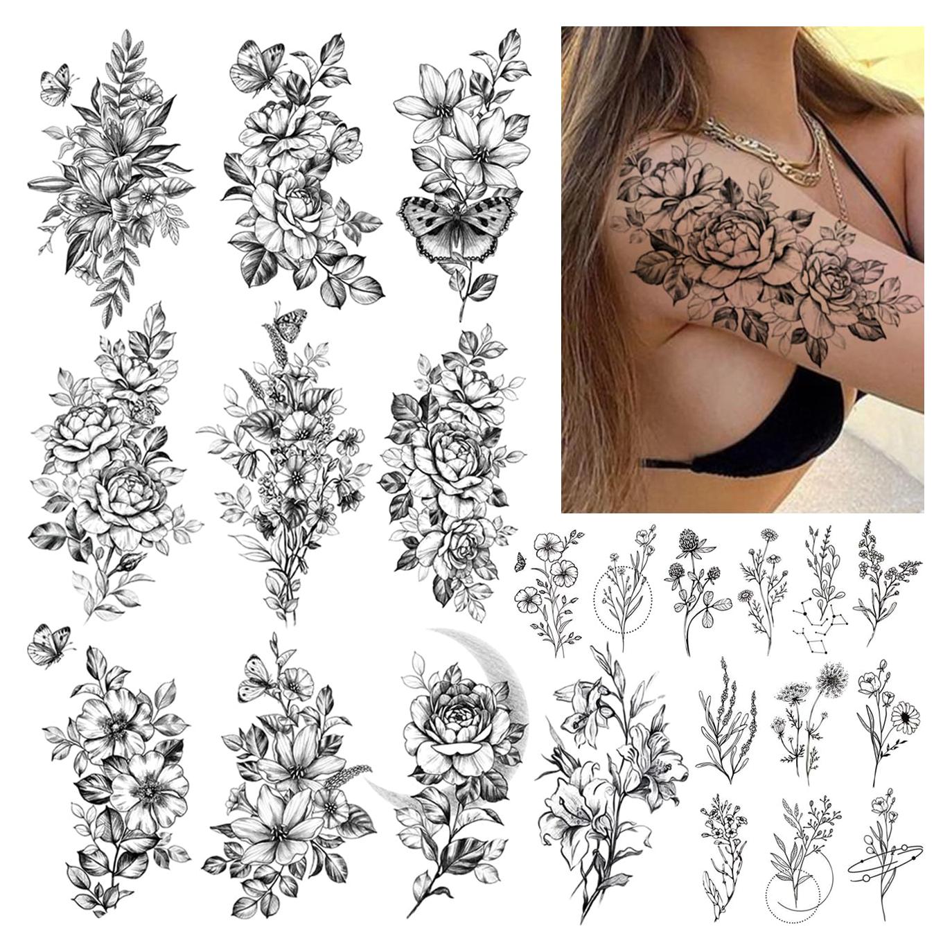 Tatuajes Temporales de Flores CHARLENT - 23 Hojas Realistas