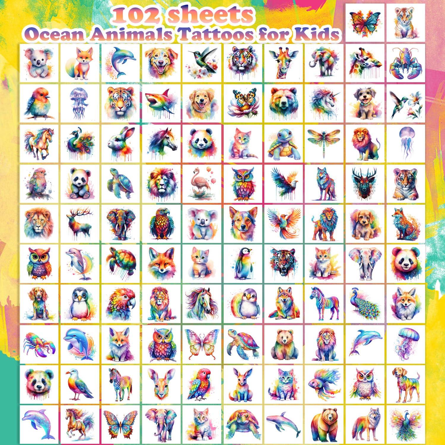 102 Tatuajes Temporales de Animales Acuarelados UVUXO