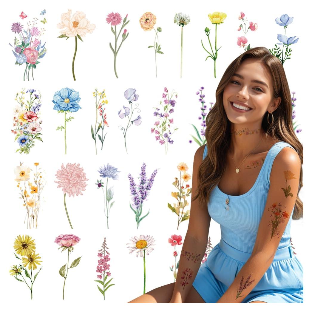 Calcomanías Temporales JoyfulGlam Flores Realistas 18 Piezas