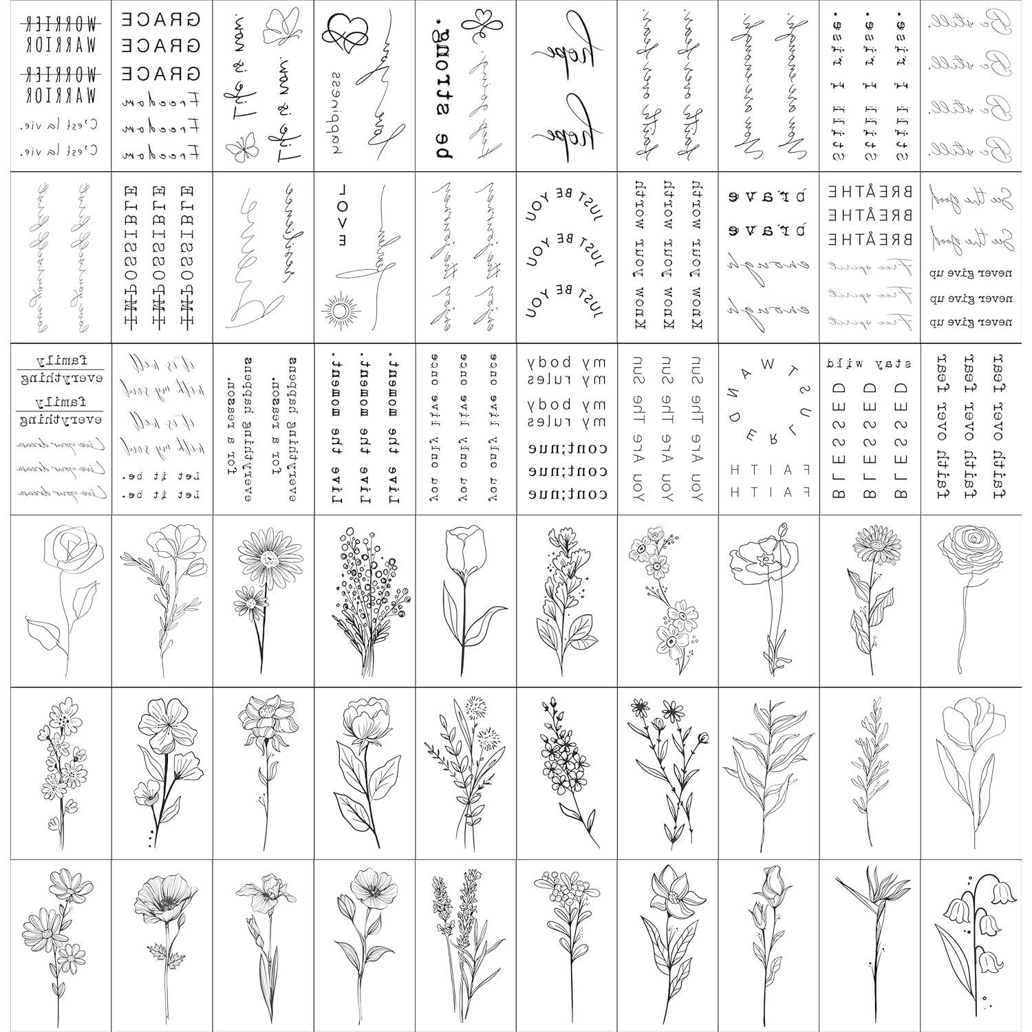Tatuajes Temporales Realistas TATUWST - 60 Hojas, Frases y Flores