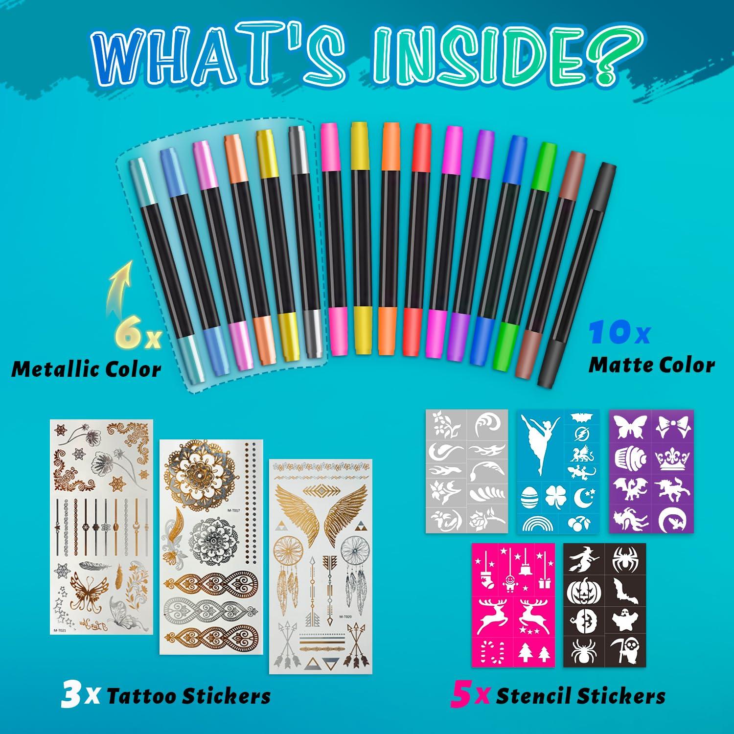 Kit de Marcadores de Tatuajes Temporales CORALMEE 16 Colores
