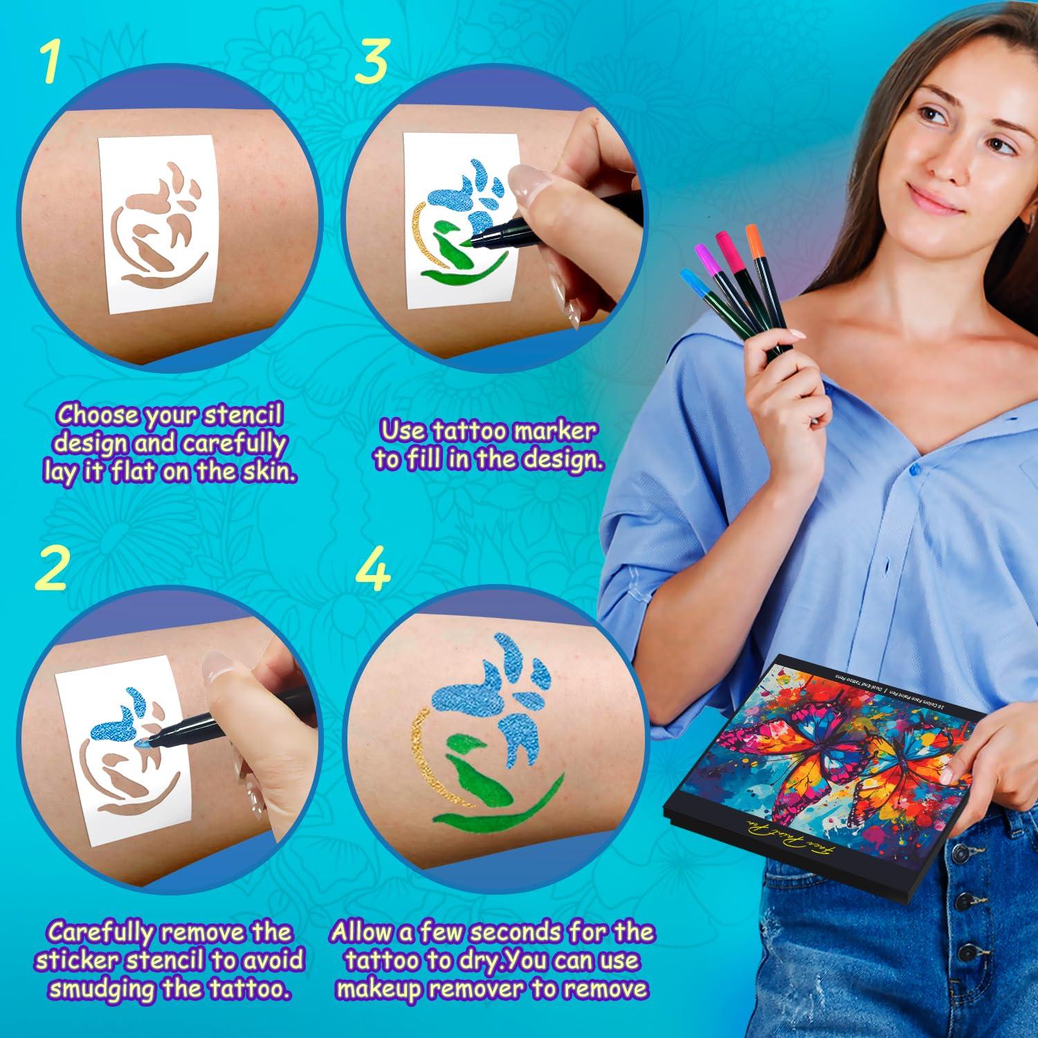 Kit de Marcadores de Tatuajes Temporales CORALMEE 16 Colores