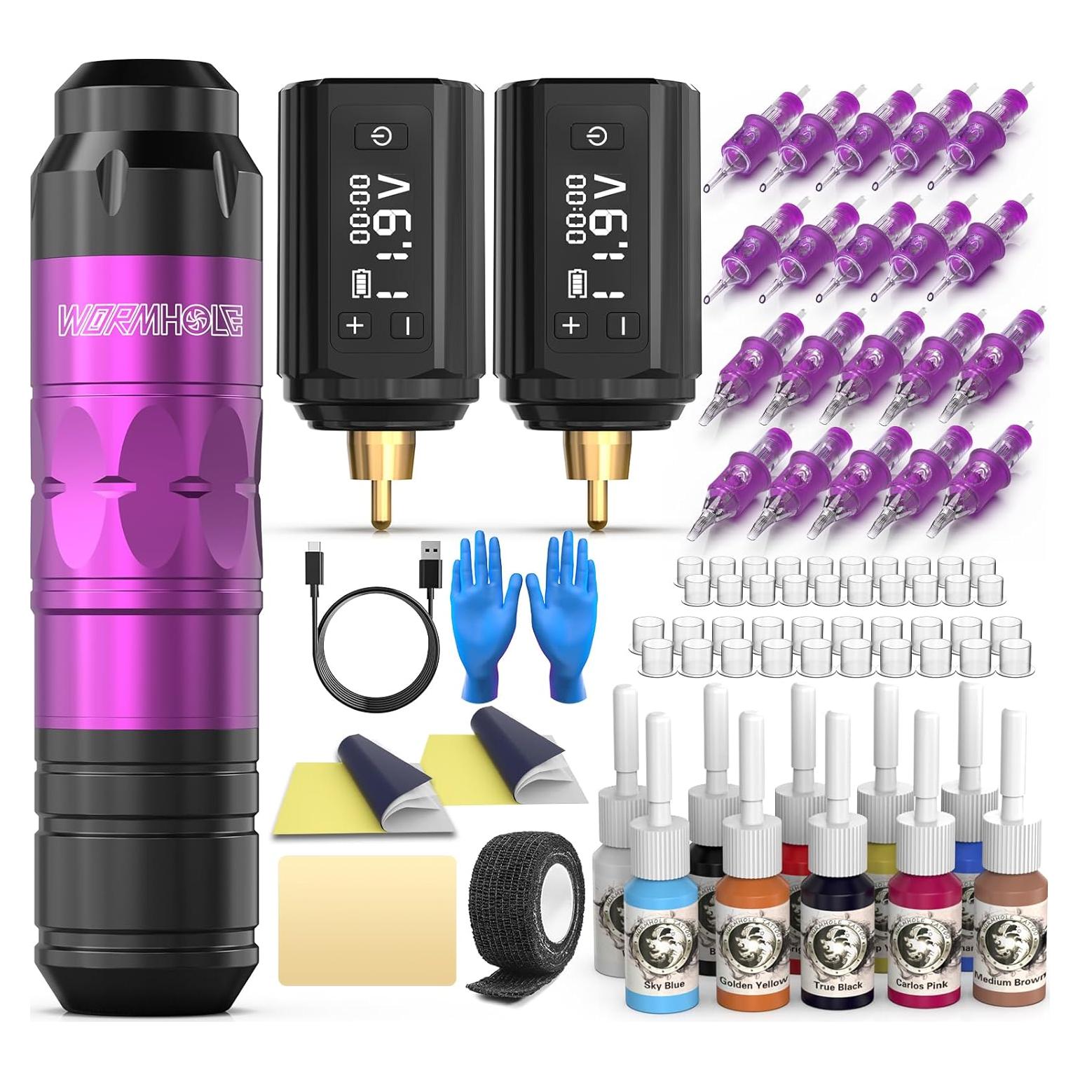 Kit de Tatuaje Inalámbrico Wormhole 81PCS con 2 Baterías 1200mAh