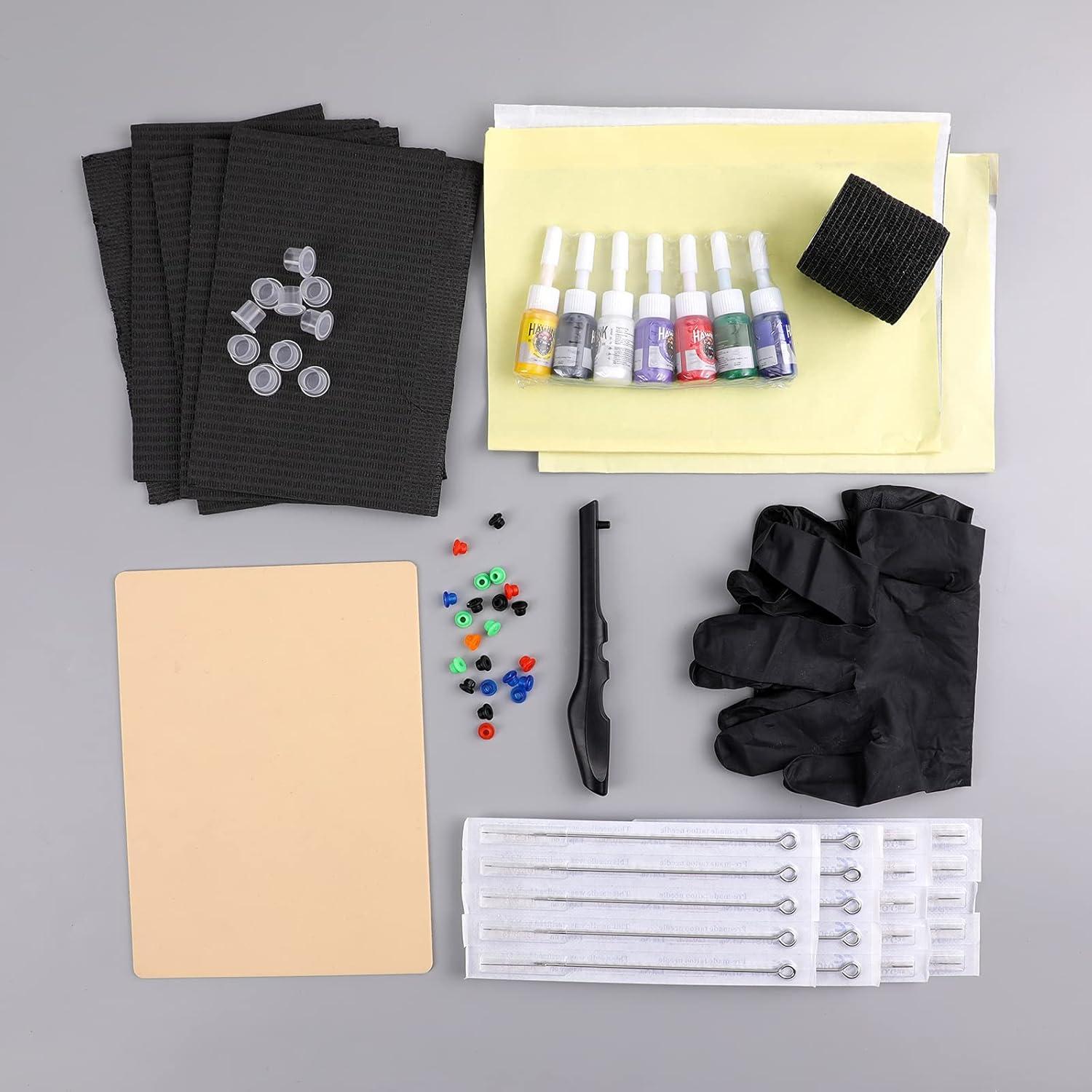 Kit de Tatuaje Hawink con Pluma, 7 Tintas y 20 Agujas