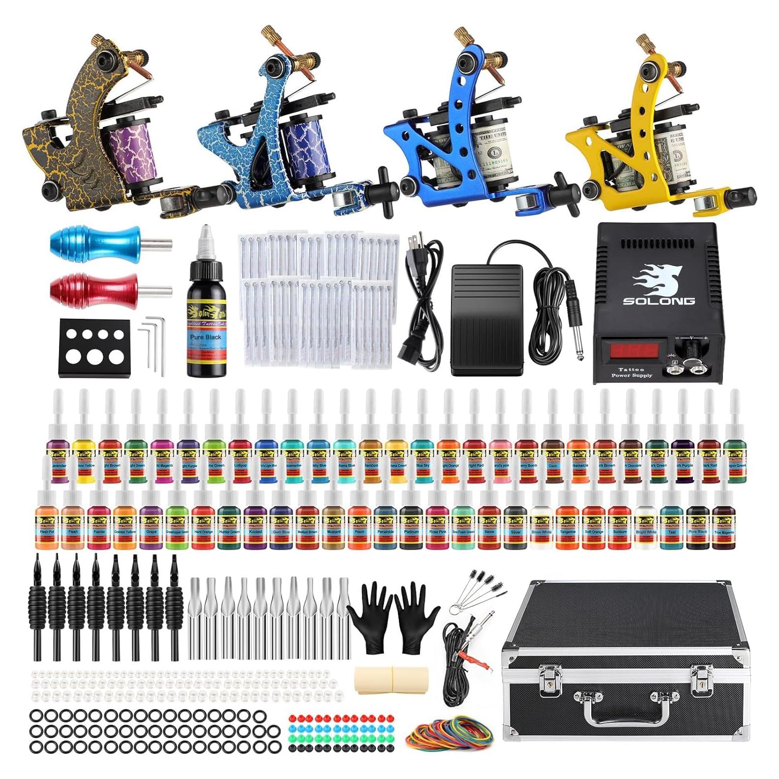 Kit de Tatuaje Completo Solong TK453 - 4 Máquinas, 54 Tintas