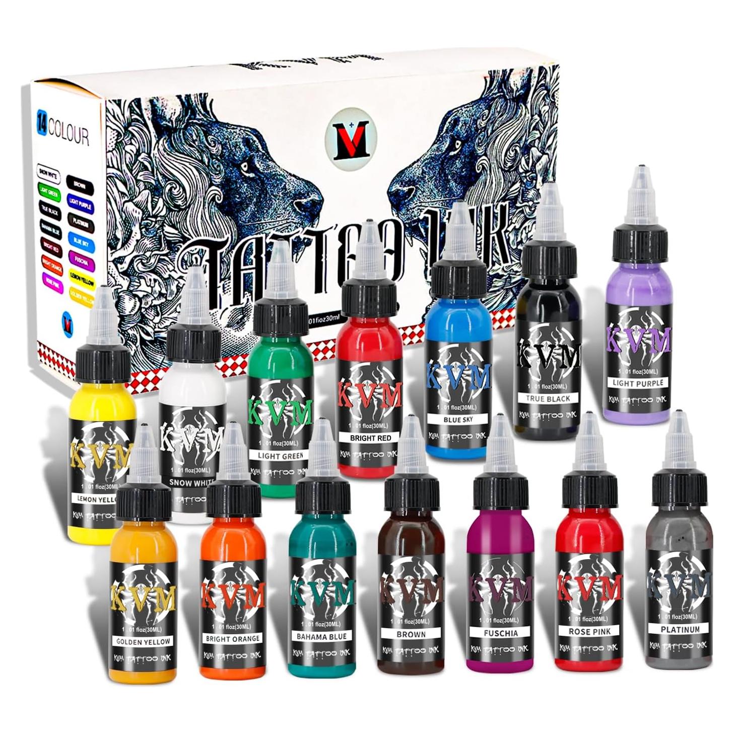 Juego de Tinta para Tatuajes KVM 14 Colores 30ml Flujo Suave