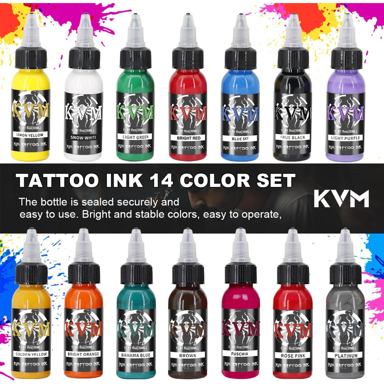 Juego de Tinta para Tatuajes KVM 14 Colores 30ml Flujo Suave