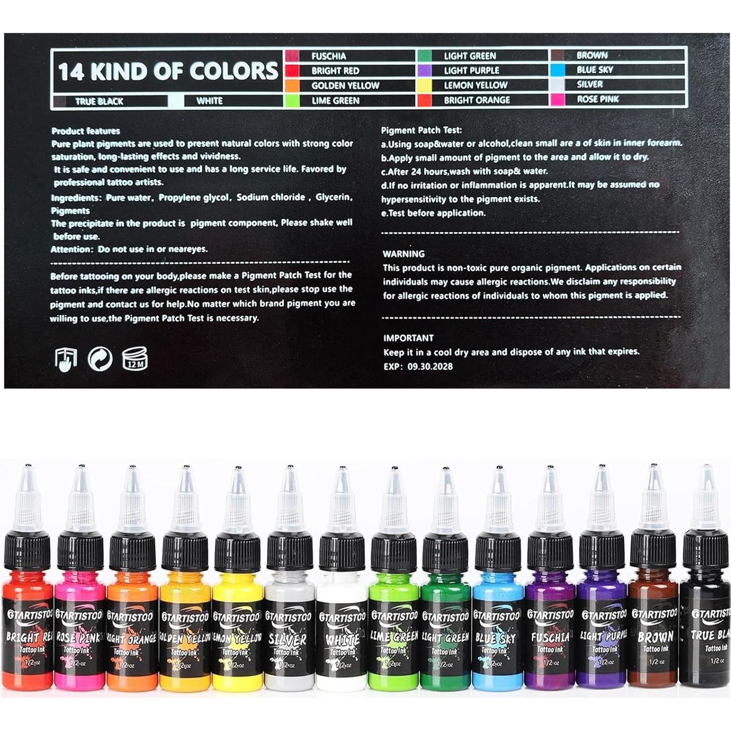 Tattoo-Ink GTARTISTOO Professional Set 1/2OZ (14 Colors, 15ml) Vegan-Friendly Pigment Tattoo-Inks Supplies