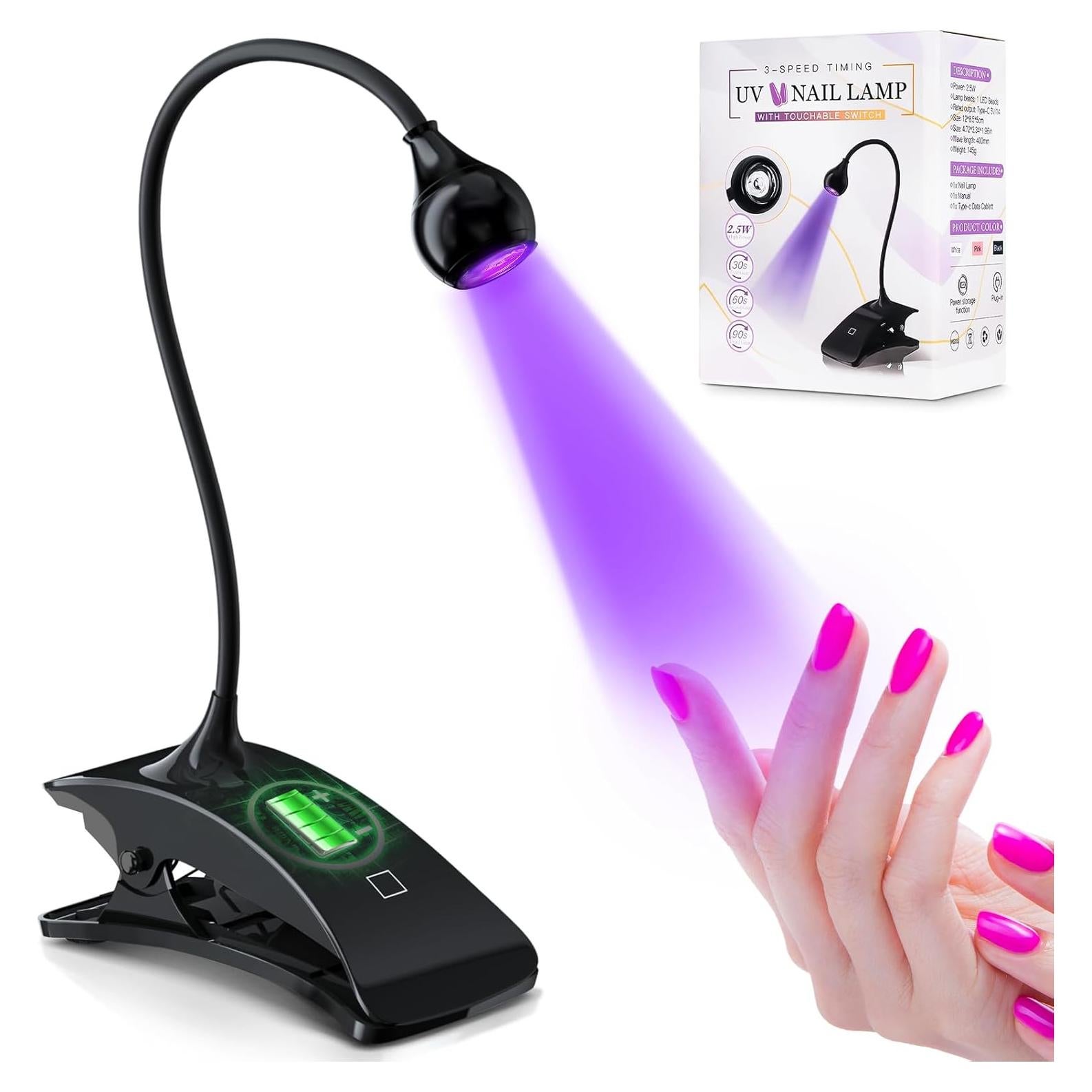 AORAEM UV Nail Lamp 3W Rechargeable Gooseneck UV Light for Gel Nails Touch Flash Cure Lamp Nail Dryer with Clamp, Portable LED Gel Light 3 Level Timing Home Professional DIY Manicure Salon, Black