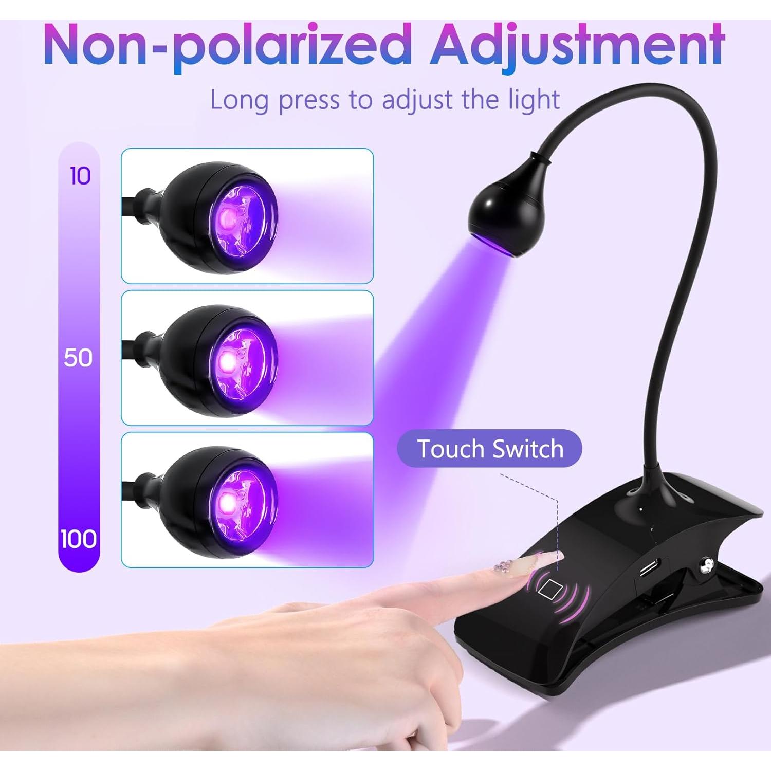 AORAEM UV Nail Lamp 3W Rechargeable Gooseneck UV Light for Gel Nails Touch Flash Cure Lamp Nail Dryer with Clamp, Portable LED Gel Light 3 Level Timing Home Professional DIY Manicure Salon, Black