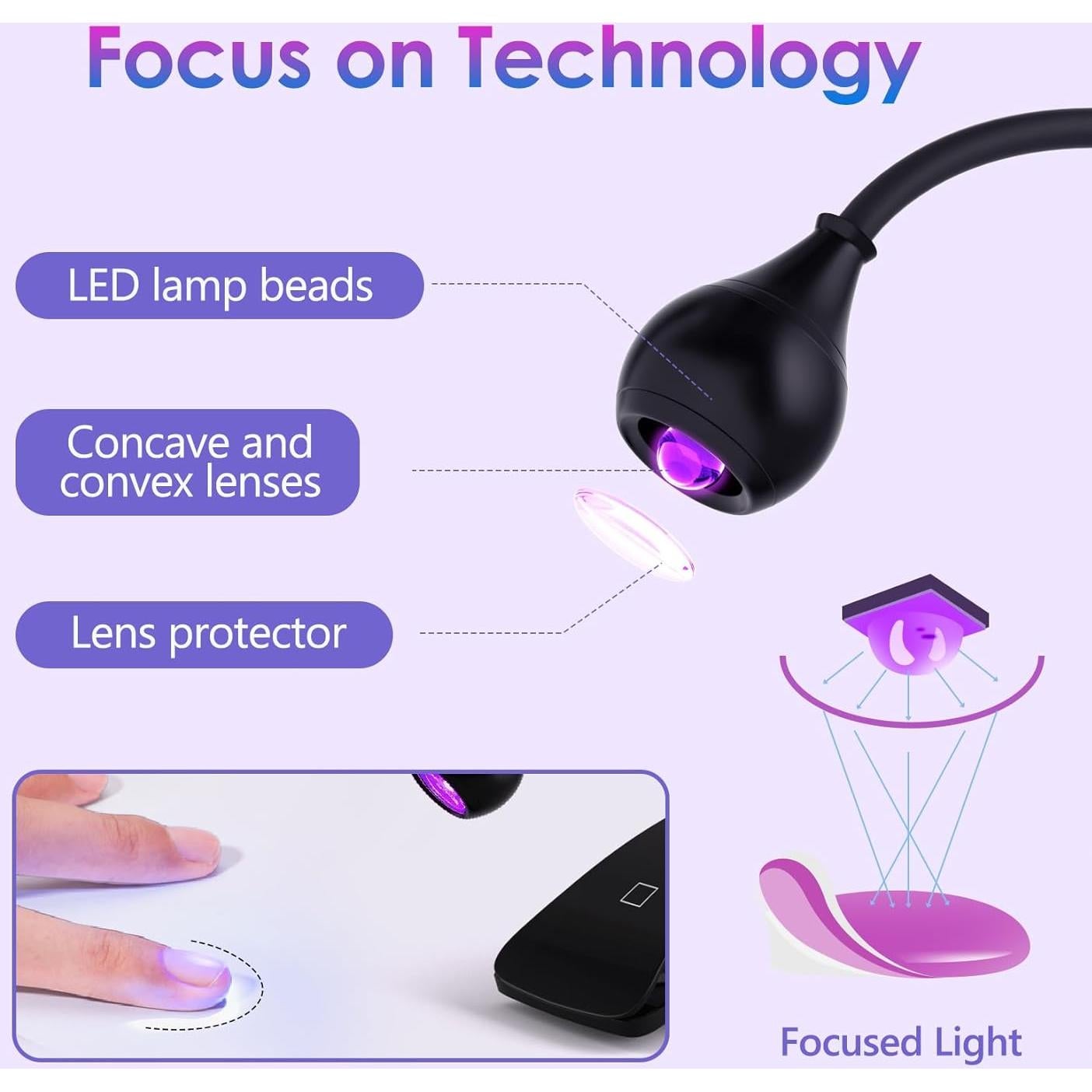 AORAEM UV Nail Lamp 3W Rechargeable Gooseneck UV Light for Gel Nails Touch Flash Cure Lamp Nail Dryer with Clamp, Portable LED Gel Light 3 Level Timing Home Professional DIY Manicure Salon, Black