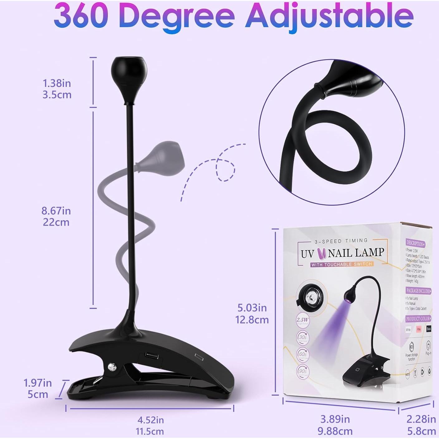 AORAEM UV Nail Lamp 3W Rechargeable Gooseneck UV Light for Gel Nails Touch Flash Cure Lamp Nail Dryer with Clamp, Portable LED Gel Light 3 Level Timing Home Professional DIY Manicure Salon, Black