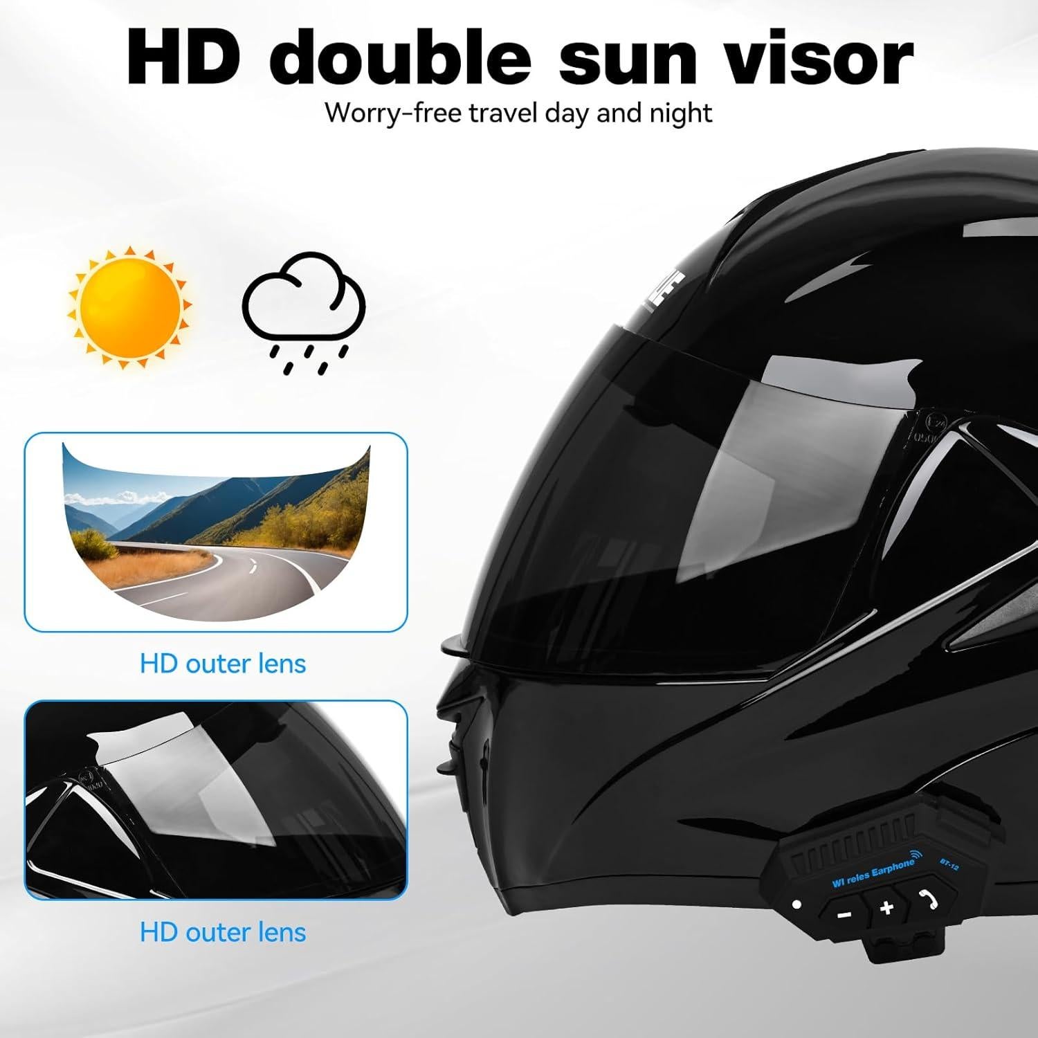 Casco Modular Bluetooth IDCOINE Negro Brillante con Visera Doble