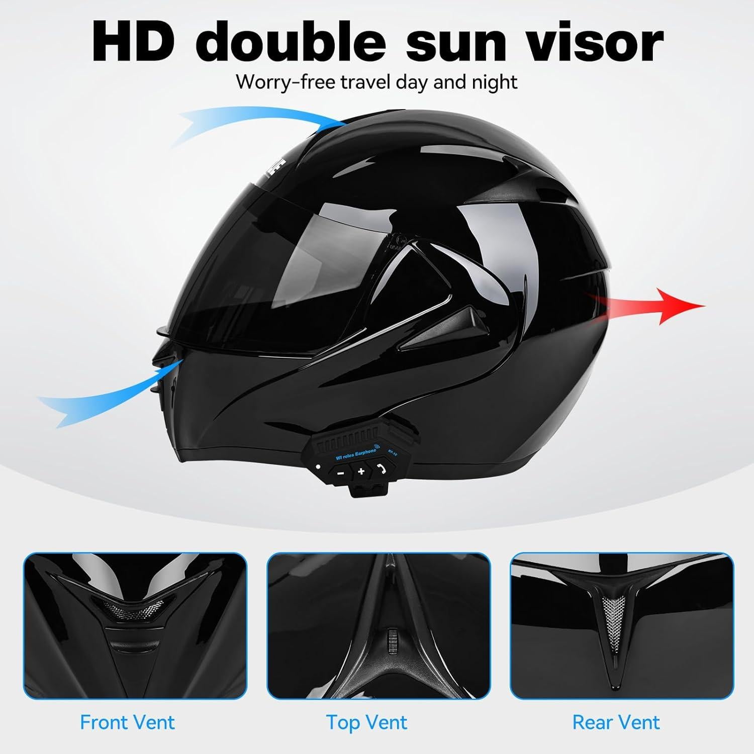 Casco Modular Bluetooth IDCOINE Negro Brillante con Visera Doble