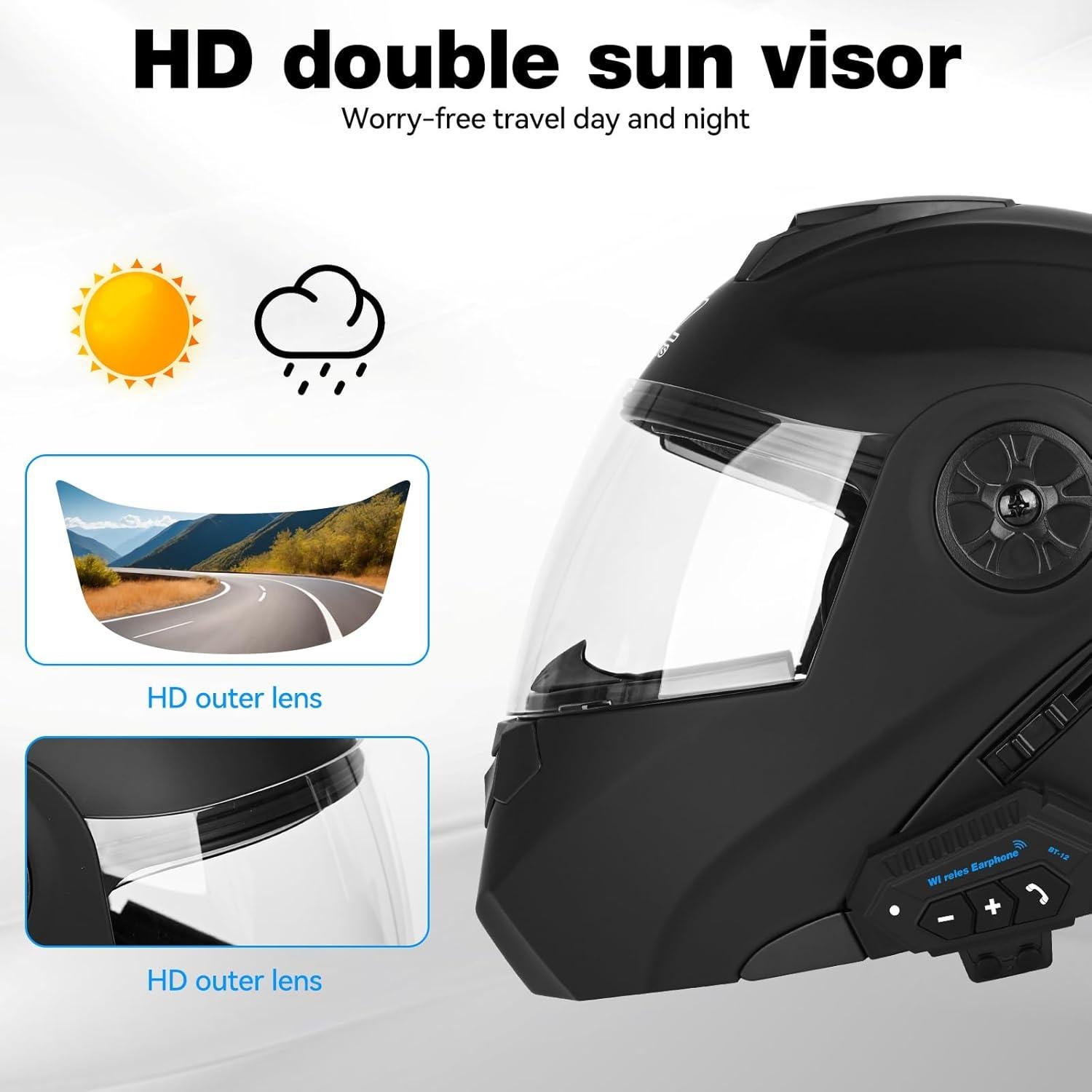 Bluetooth Modular Motorcycle Helmet DOT/ECE Approved Full Face Flip up Anti-Fog Double Visor Helmet Built-in Dual Speaker with Microphone for Adult Men and Women