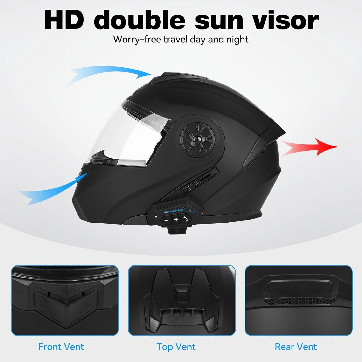 Bluetooth Modular Motorcycle Helmet DOT/ECE Approved Full Face Flip up Anti-Fog Double Visor Helmet Built-in Dual Speaker with Microphone for Adult Men and Women