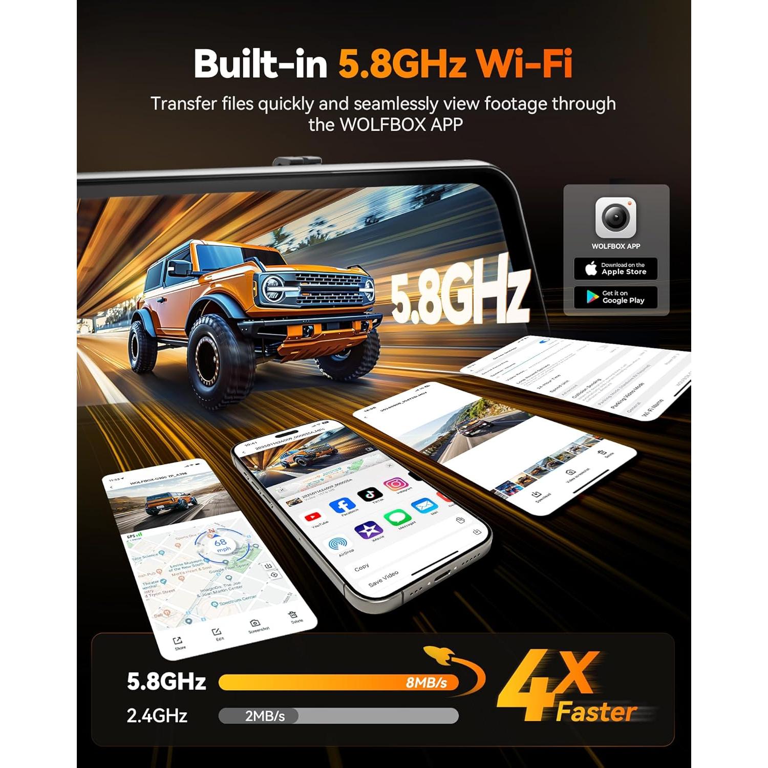 Cámara Espejo Retrovisor WOLFBOX G900 Tripro 4K 3 Canales