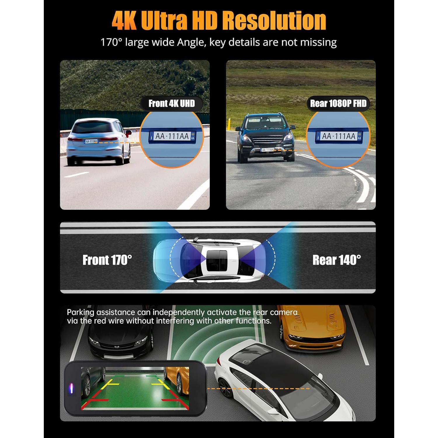 Cámara de tablero dual Lensuge A4 4K + 1080P con WiFi