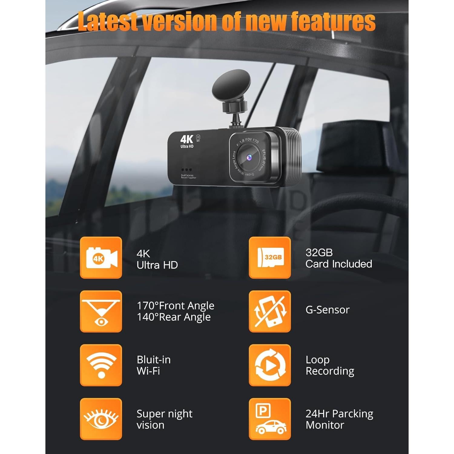 Cámara de tablero dual Lensuge A4 4K + 1080P con WiFi