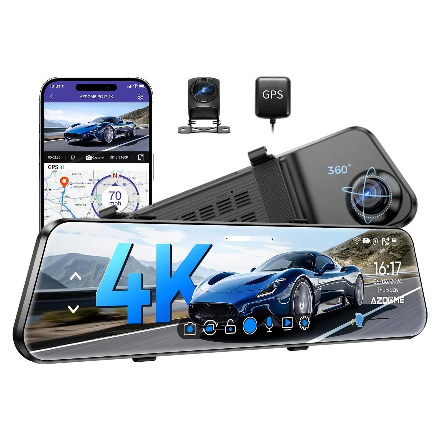 Cámara de Salpicadero Espejo AZDOME PG17 4K con GPS y WiFi