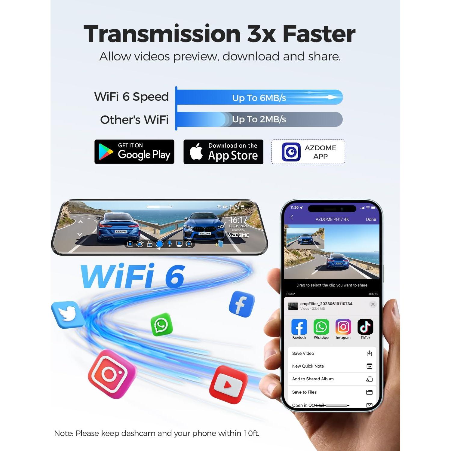 Cámara de Salpicadero Espejo AZDOME PG17 4K con GPS y WiFi