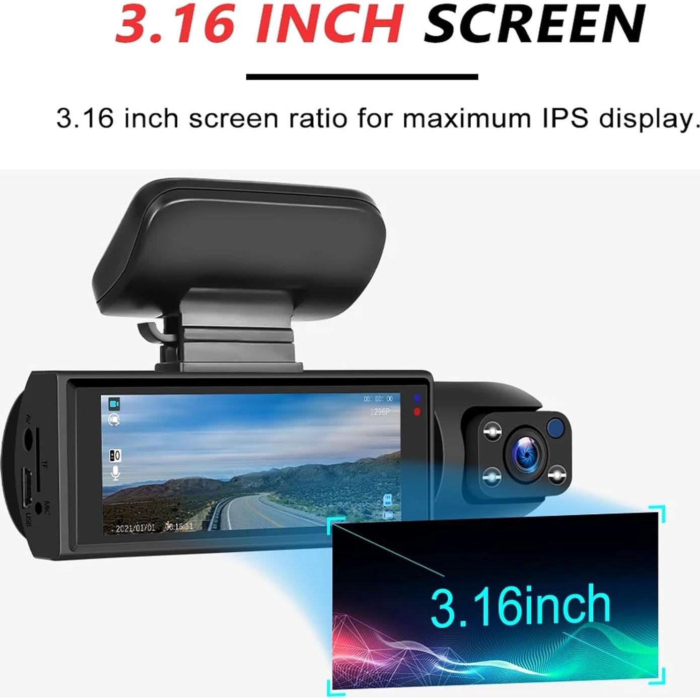 1080P Dual Camera Dash Cam for Cars, Driving Recorder with IR Night Vision, Loop Recording, Wide Angle Lens - 3.16 Inch IPS Screen,Parking Mode, Car Camera with 32GB TF Card