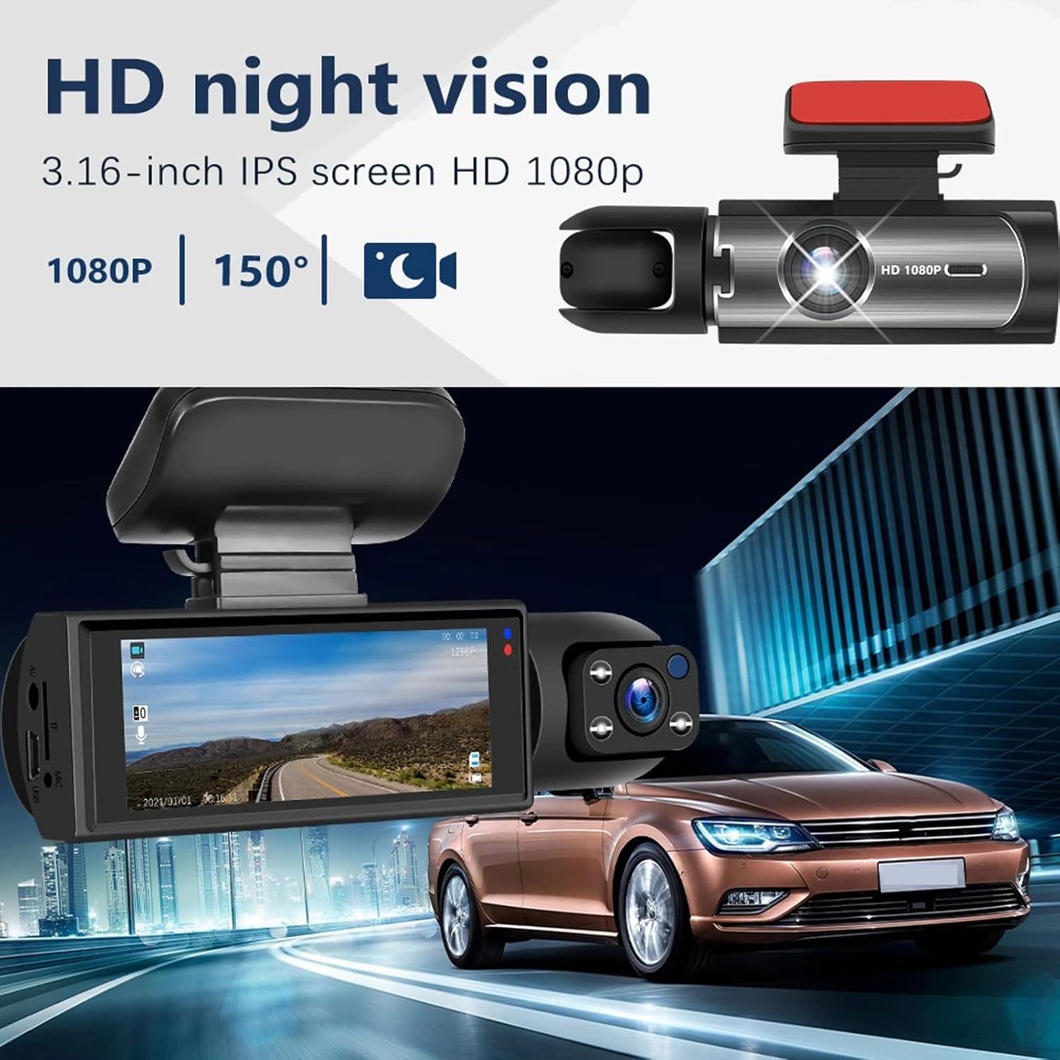 1080P Dual Camera Dash Cam for Cars, Driving Recorder with IR Night Vision, Loop Recording, Wide Angle Lens - 3.16 Inch IPS Screen,Parking Mode, Car Camera with 32GB TF Card