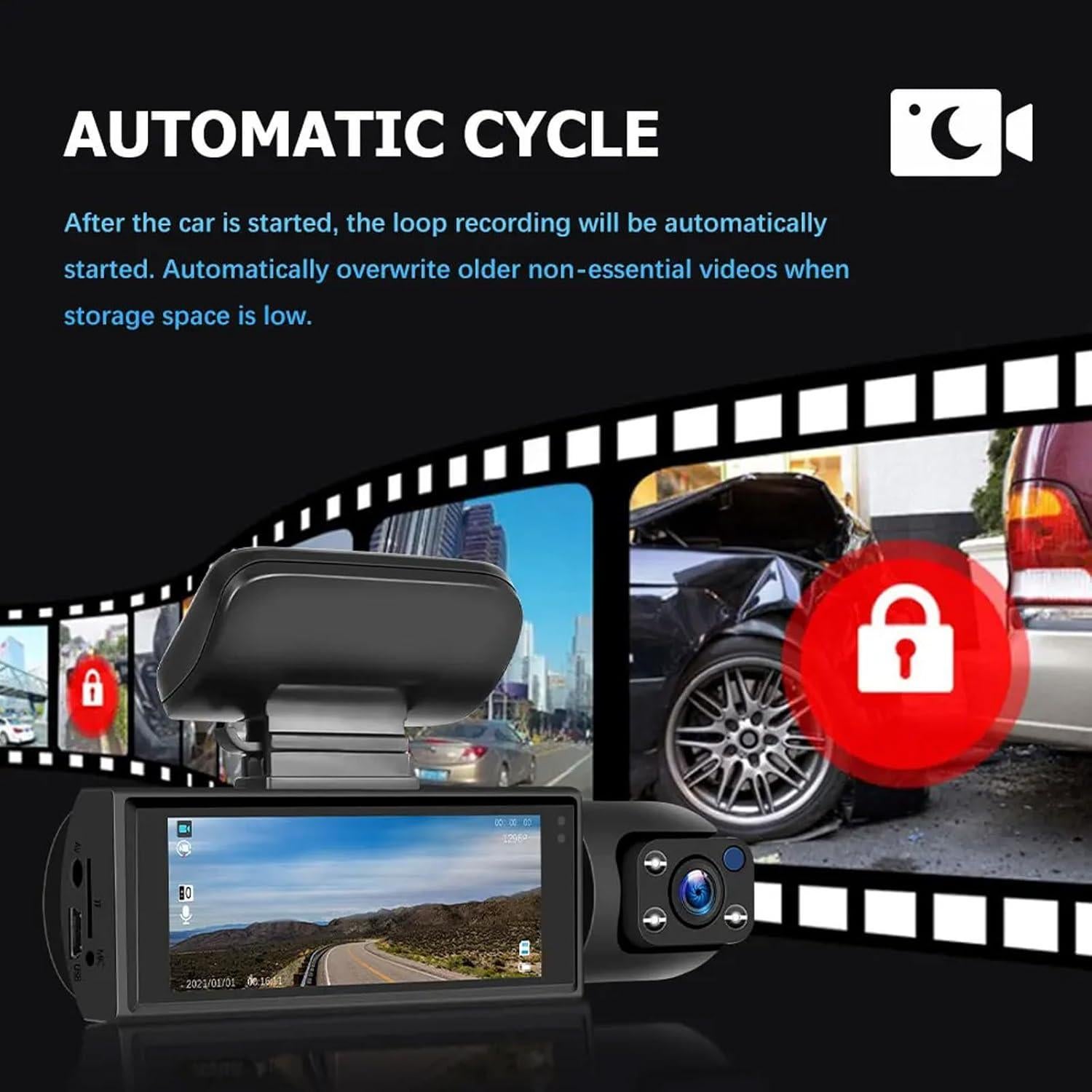 1080P Dual Camera Dash Cam for Cars, Driving Recorder with IR Night Vision, Loop Recording, Wide Angle Lens - 3.16 Inch IPS Screen,Parking Mode, Car Camera with 32GB TF Card