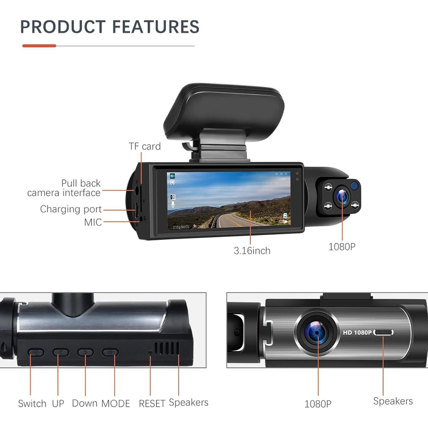 1080P Dual Camera Dash Cam for Cars, Driving Recorder with IR Night Vision, Loop Recording, Wide Angle Lens - 3.16 Inch IPS Screen,Parking Mode, Car Camera with 32GB TF Card