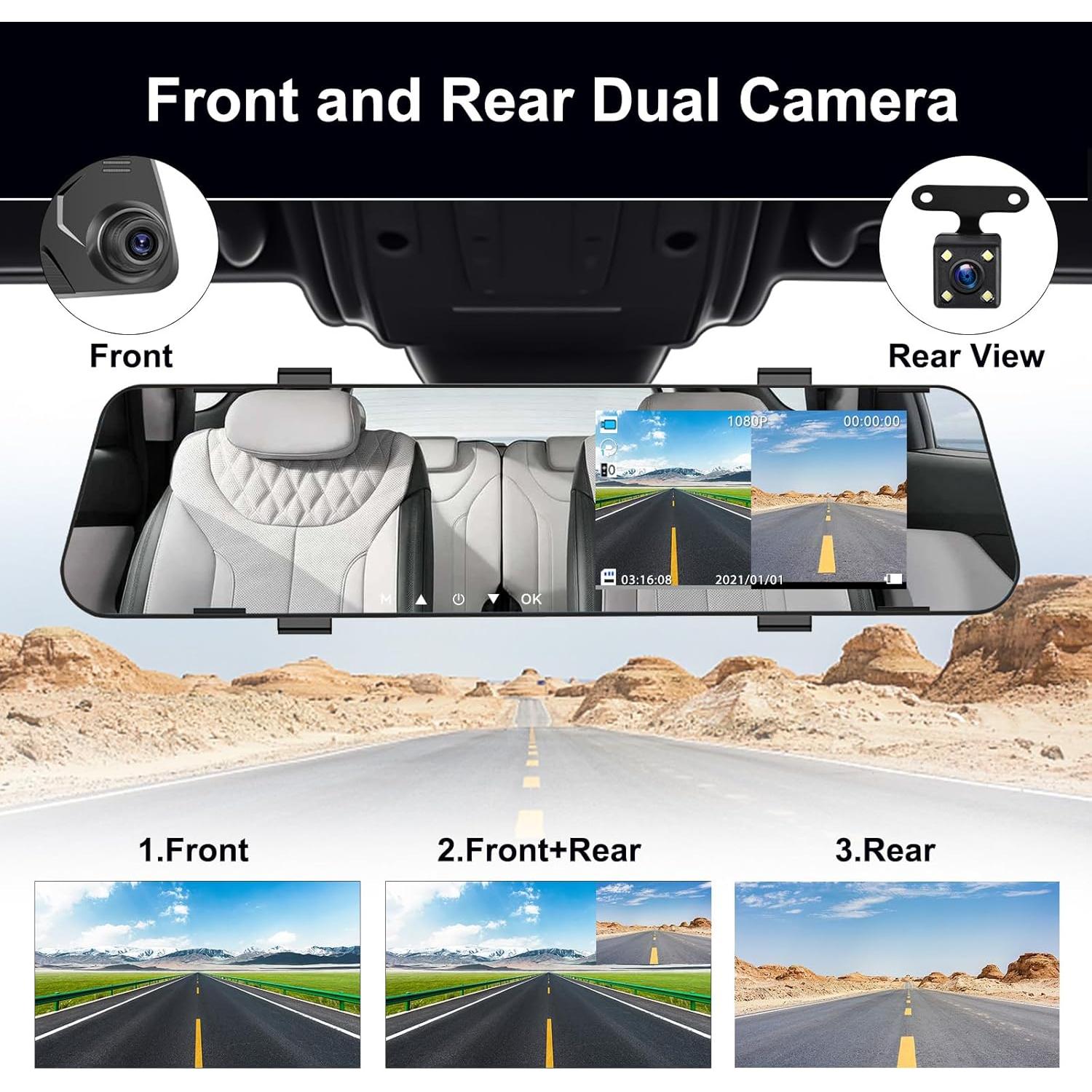 CAMECHO Cámara de Espejo 4.5" Doble Lente 1080P HD Auto