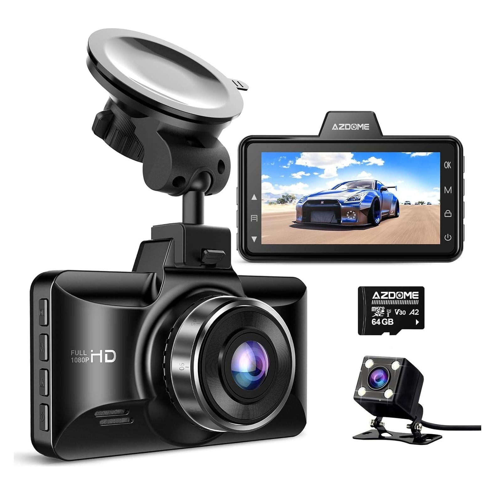 AZDOME M01 Dual Dash Cam Front and Rear with Free 64GB Card, 3" Screen Dual Dashboard Camera for Car, Built-in ADAS G-Sensor, 24H Parking Mode Car Camera (M01 Pro)