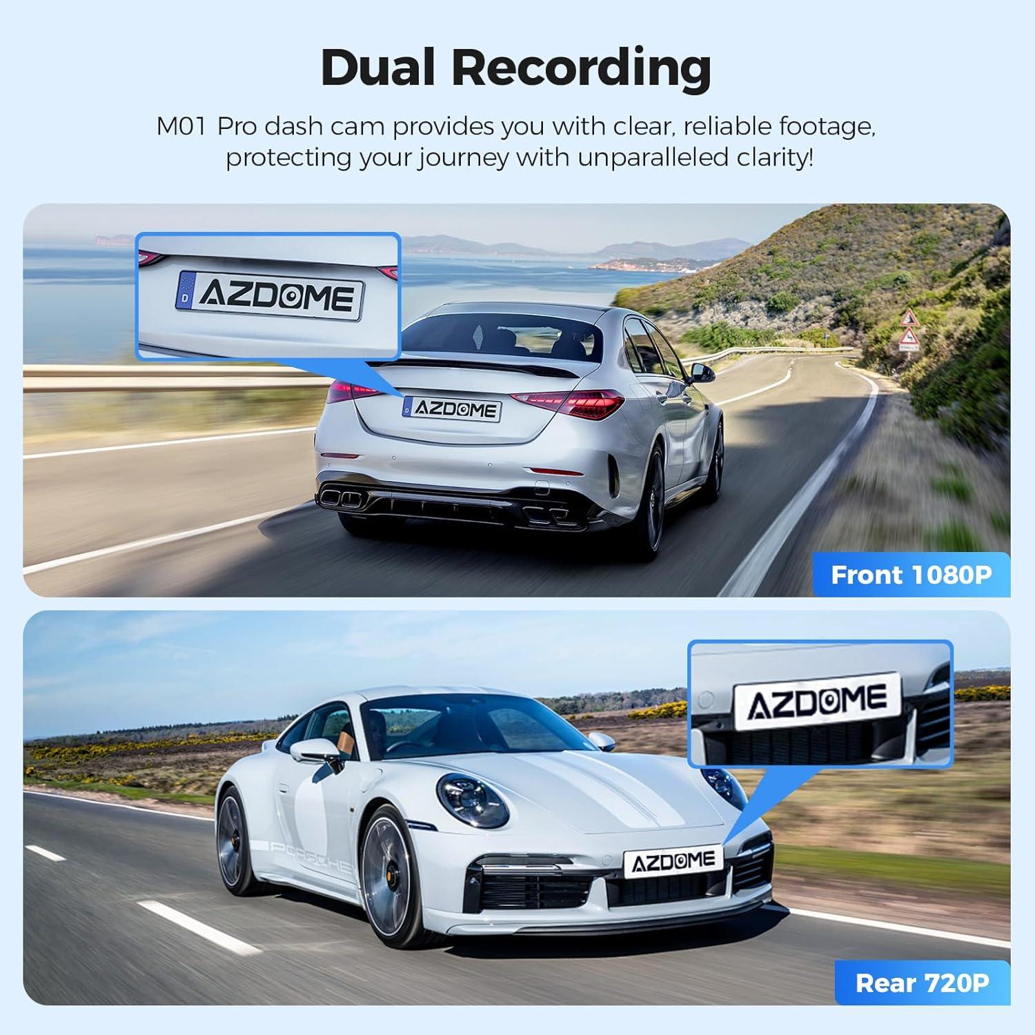 AZDOME M01 Dual Dash Cam Front and Rear with Free 64GB Card, 3" Screen Dual Dashboard Camera for Car, Built-in ADAS G-Sensor, 24H Parking Mode Car Camera (M01 Pro)