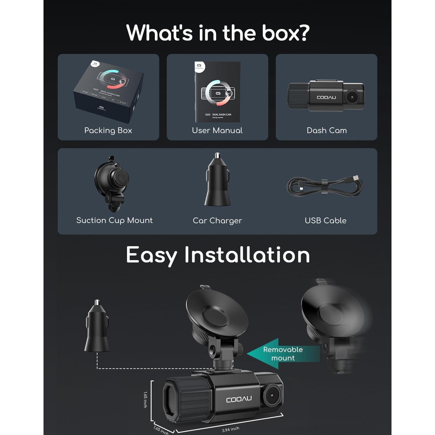 Cámara de Tablero Dual COOAU D20 2.5K+1080P GPS WiFi