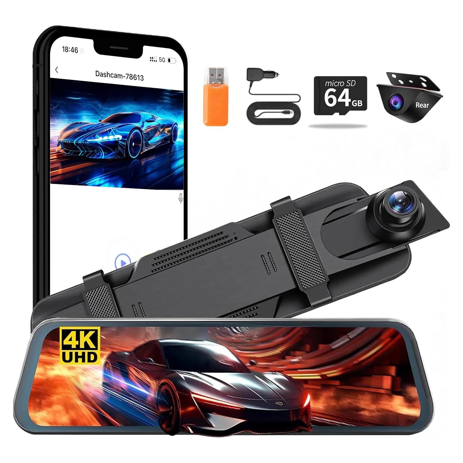 Mirror Dual Dash Camera for Car, Dashcam 4K Front 1080P IMX307 Rear View/ADAS BSD LCA Wi-Fi&APP WDR Night Vision G-Sensor Loop Recording Parking Monitor 64GB Card