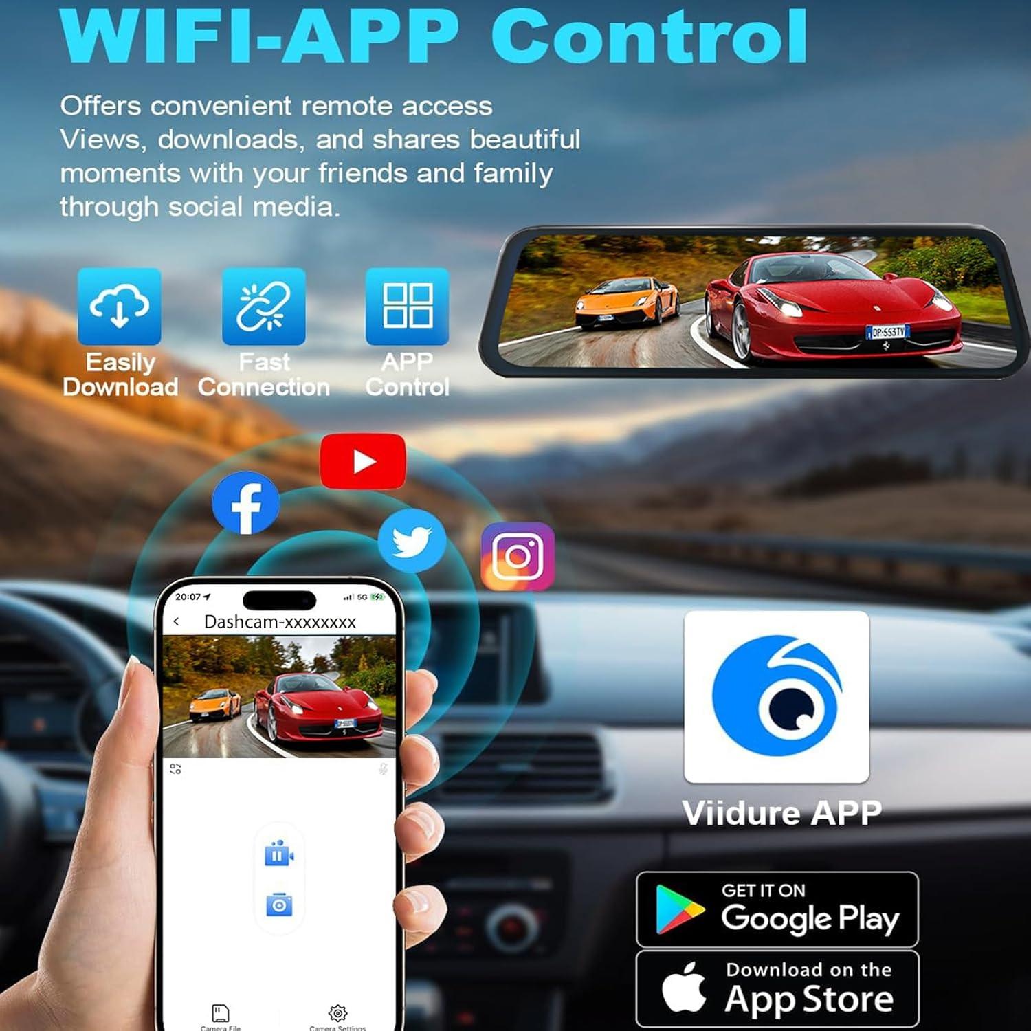 Mirror Dual Dash Camera for Car, Dashcam 4K Front 1080P IMX307 Rear View/ADAS BSD LCA Wi-Fi&APP WDR Night Vision G-Sensor Loop Recording Parking Monitor 64GB Card