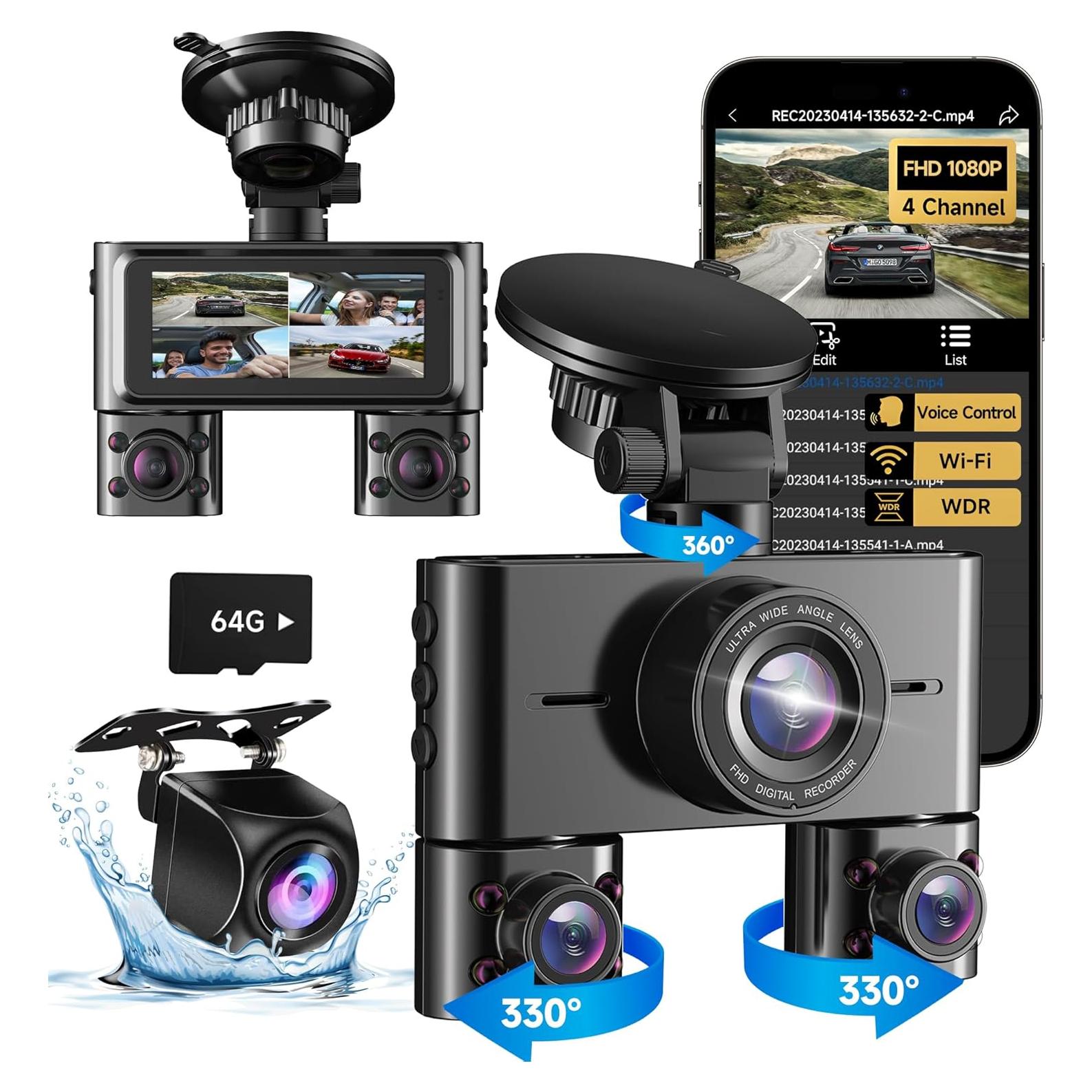 Cámara Dash 360° HUPEJOS V7 4 Canales FHD 1080p Wi-Fi 64GB