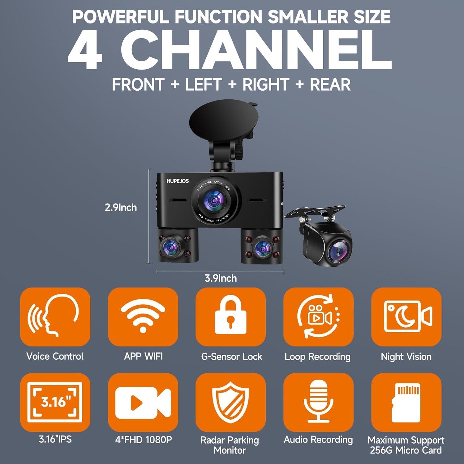 Cámara Dash 360° HUPEJOS V7 4 Canales FHD 1080p Wi-Fi 64GB