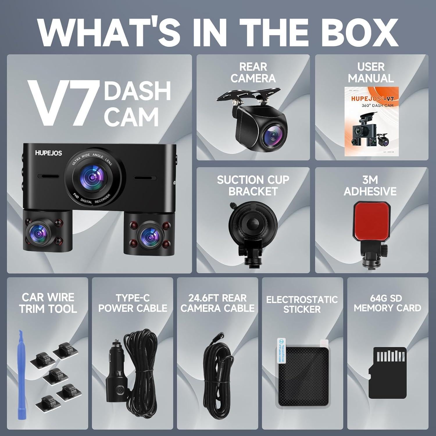 Cámara Dash 360° HUPEJOS V7 4 Canales FHD 1080p Wi-Fi 64GB