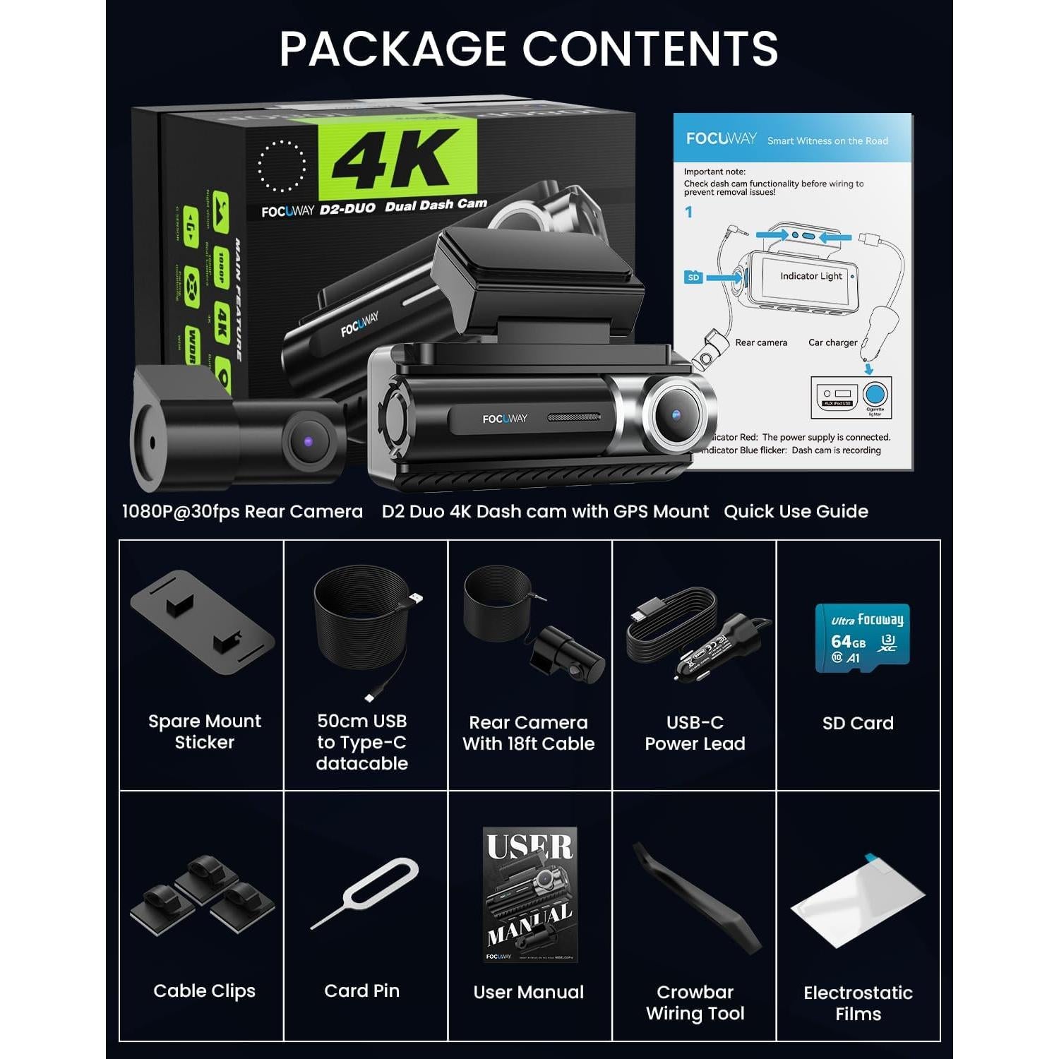 Cámara de tablero FOCUWAY D2 Duo 4K GPS WiFi 5G Pantalla 3.39"