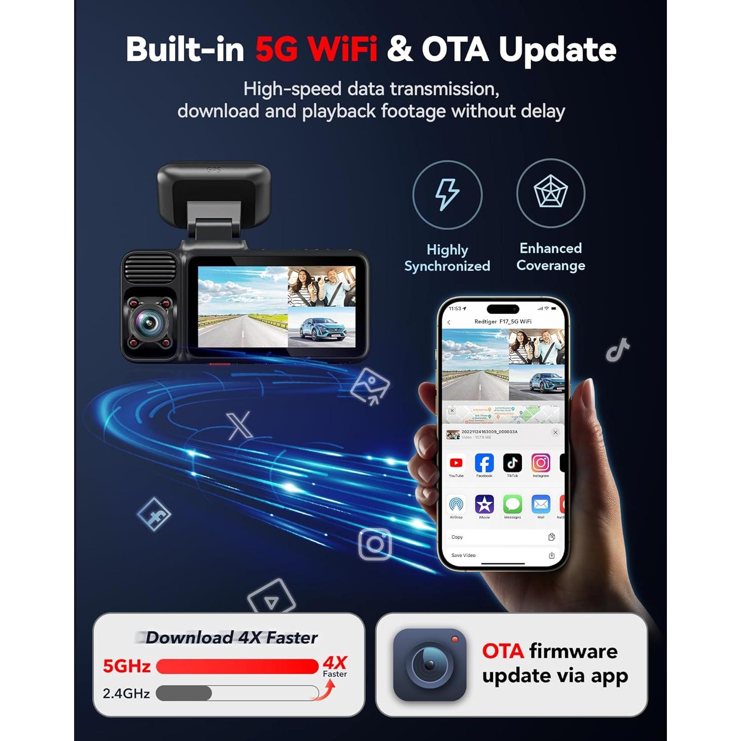 Cámara de Salpicadero REDTIGER F17 4K Triple 2160P+1080P GPS