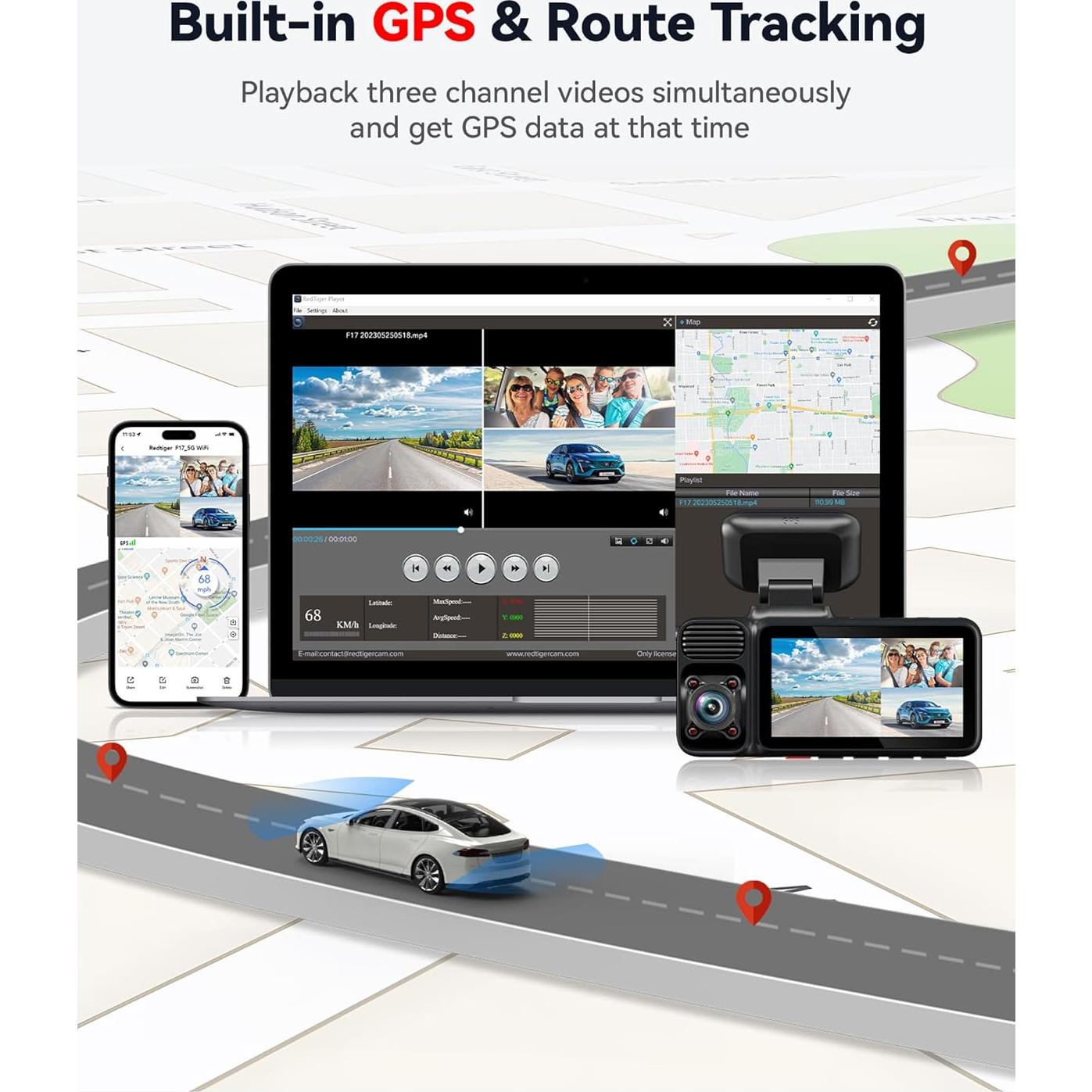 Cámara de Salpicadero REDTIGER F17 4K Triple 2160P+1080P GPS