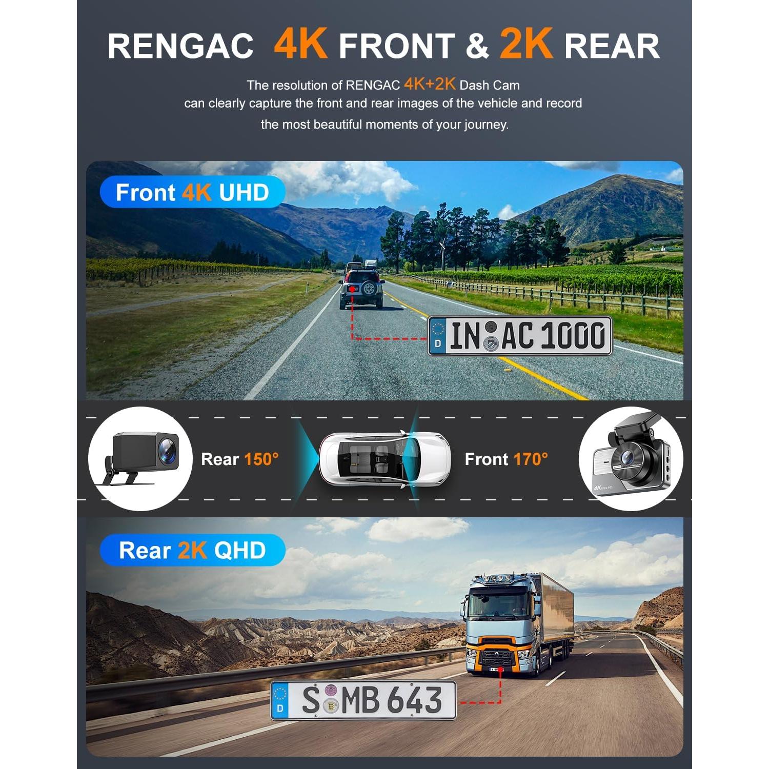 Cámara Dash Delantera y Trasera RENGAC Y600 4K+2K GPS WiFi