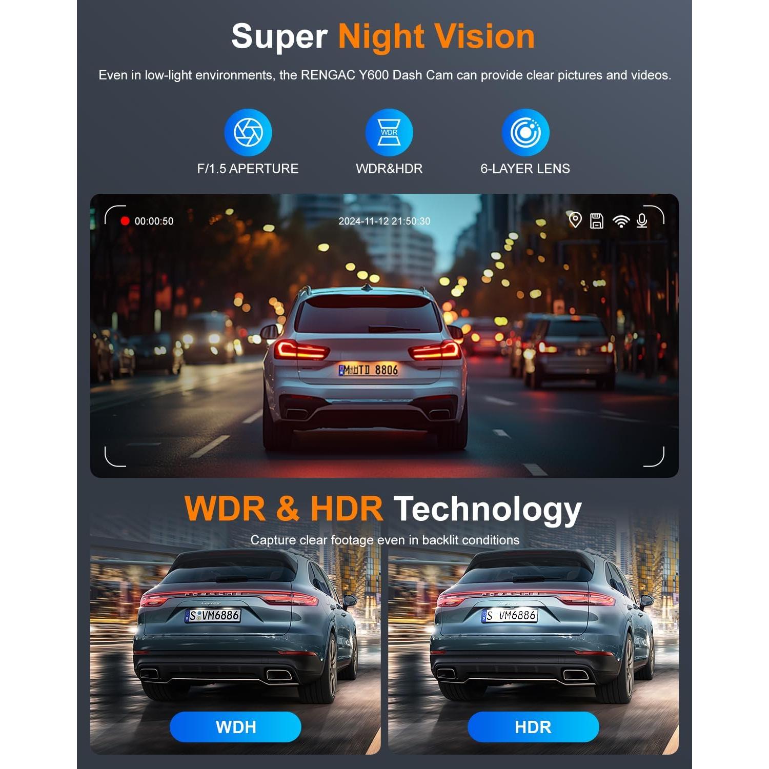 Cámara Dash Delantera y Trasera RENGAC Y600 4K+2K GPS WiFi