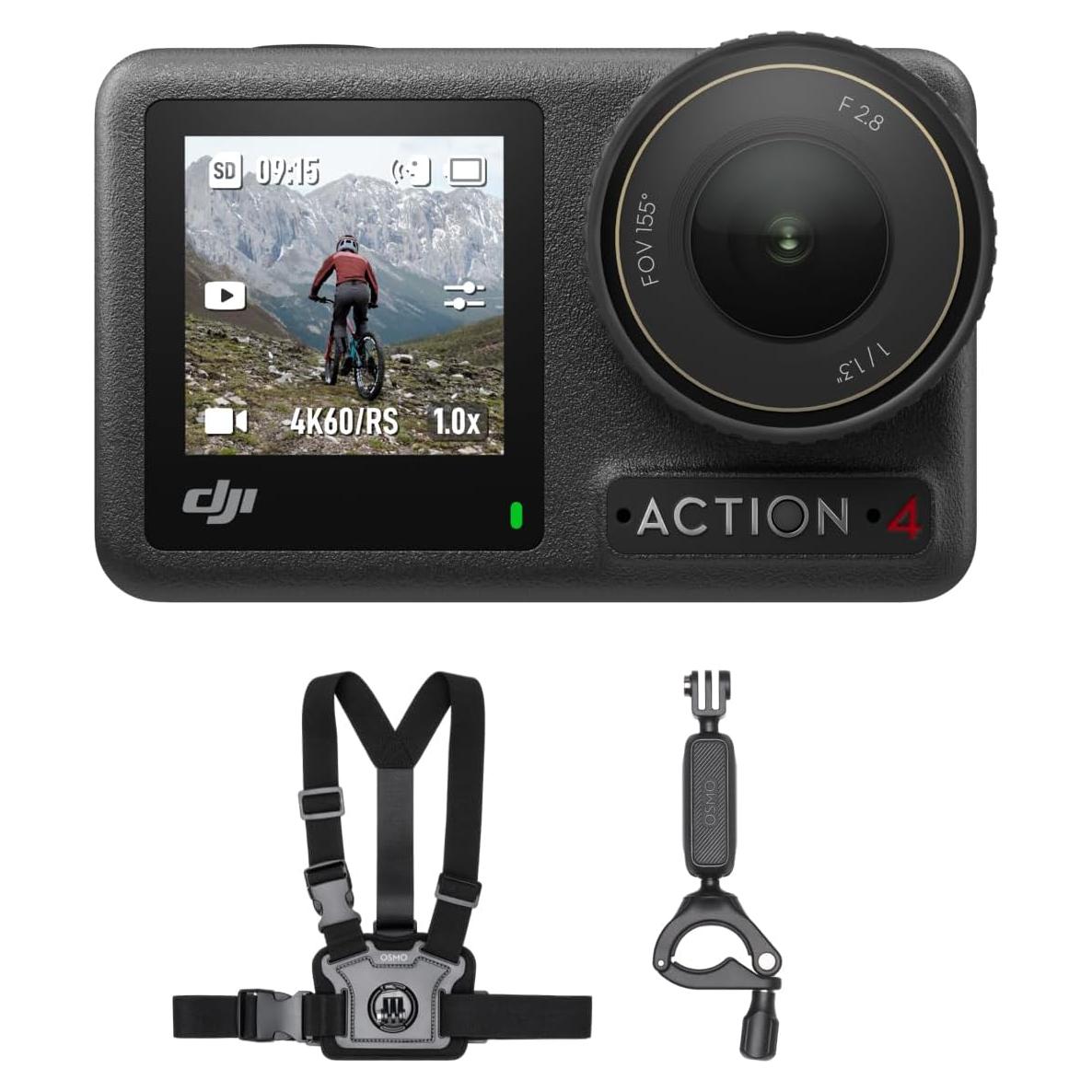 Osmo Action 4 Motorcycling/Mountain Cycling Combo, Action Camera 4K with 155º FOV, 1/1.3-Inch Sensor, Stabilization, with Chest Strap Mount, Waterproof Action Camera for Travel, Outdoor, Sports